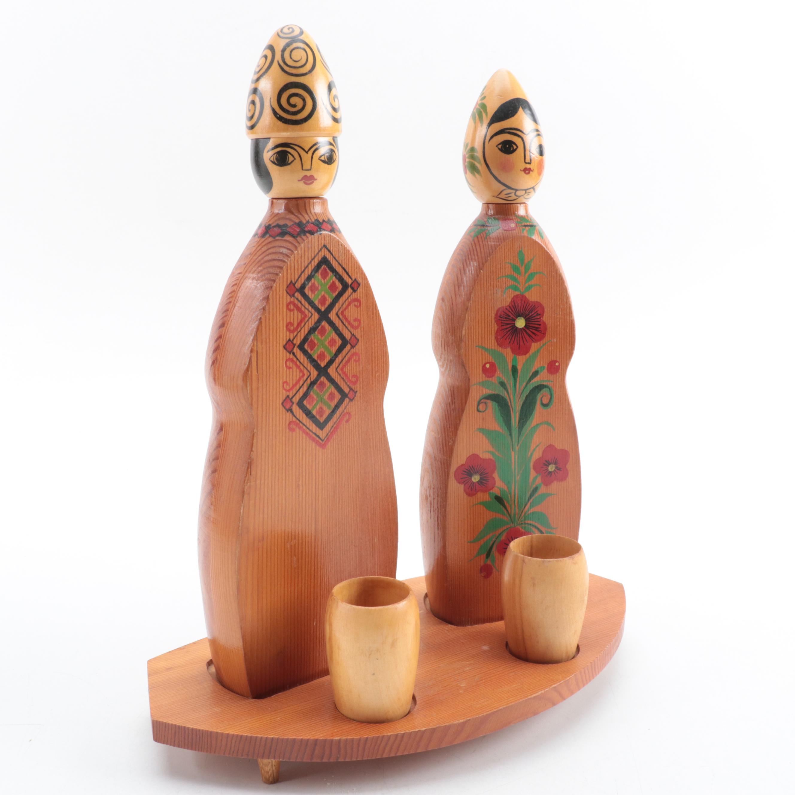 Russian Wood Decanters and Cups Set