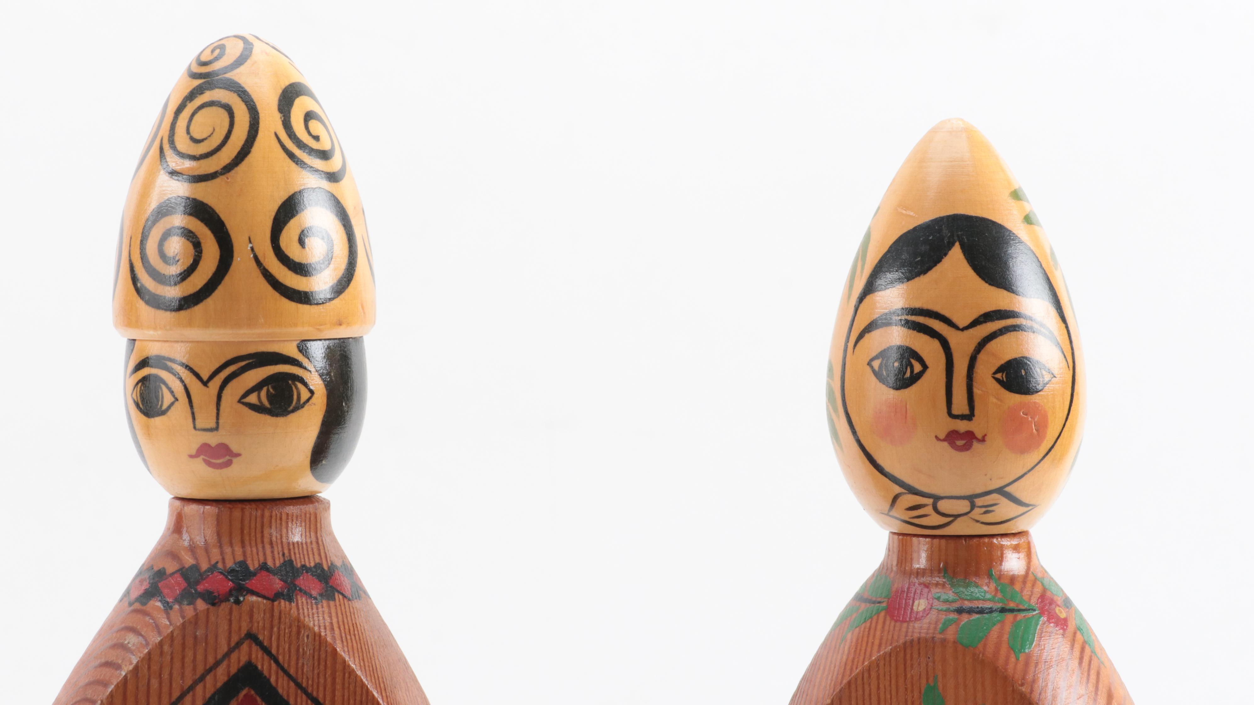 Russian Wood Decanters and Cups Set