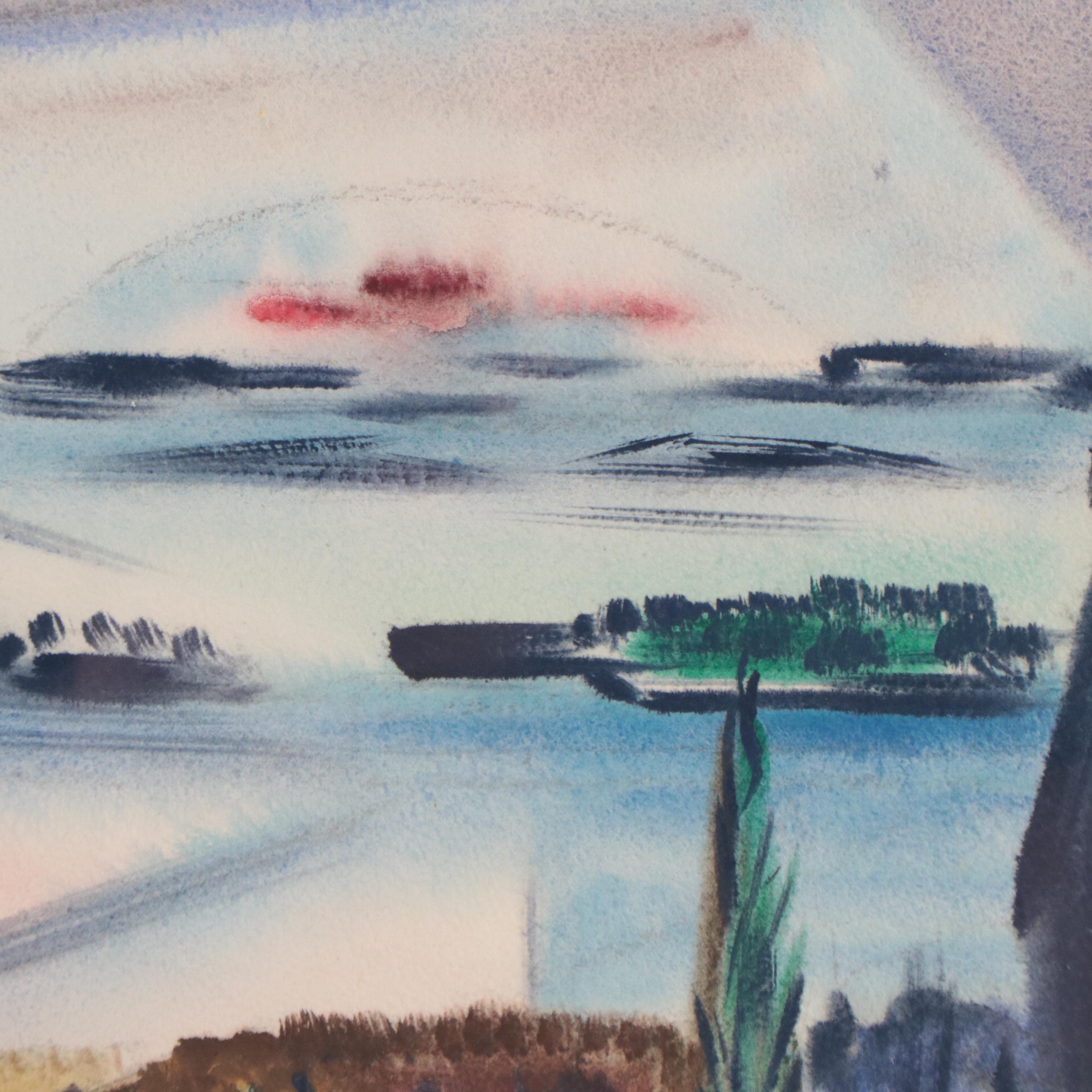 Yngve H. Olsen Modernist Watercolor Painting of Landscape, Mid-20th Century