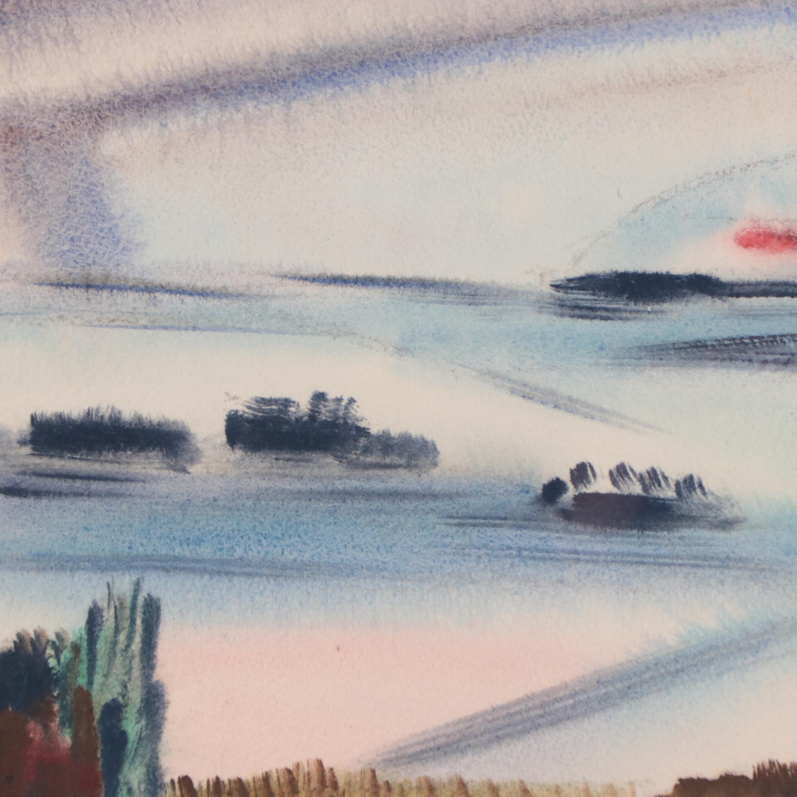 Yngve H. Olsen Modernist Watercolor Painting of Landscape, Mid-20th Century