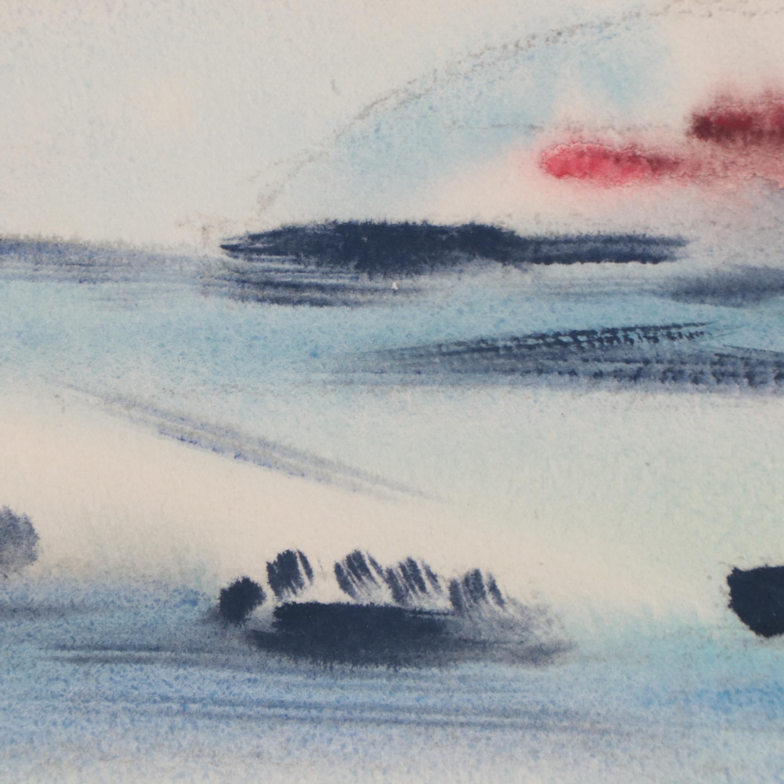 Yngve H. Olsen Modernist Watercolor Painting of Landscape, Mid-20th Century