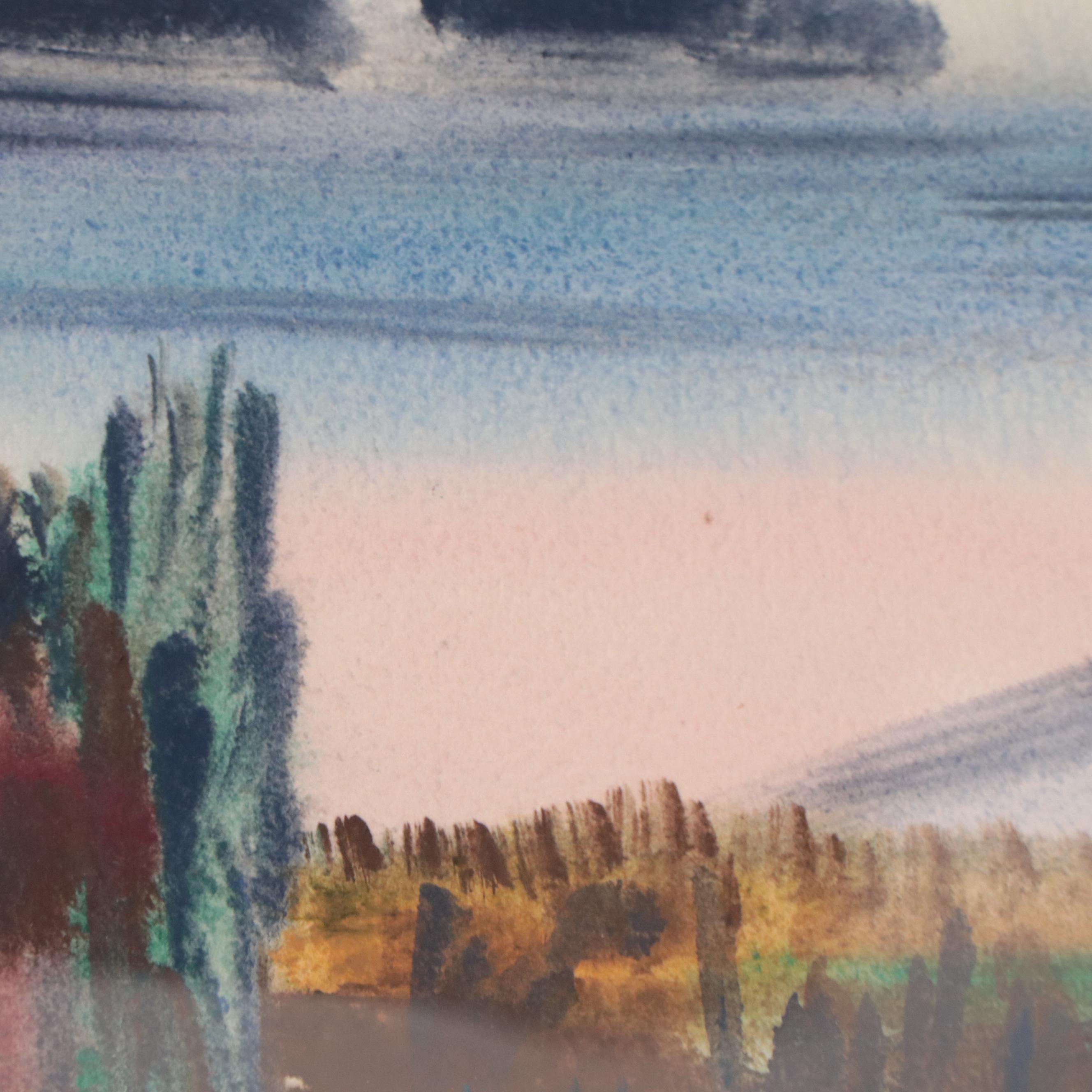 Yngve H. Olsen Modernist Watercolor Painting of Landscape, Mid-20th Century