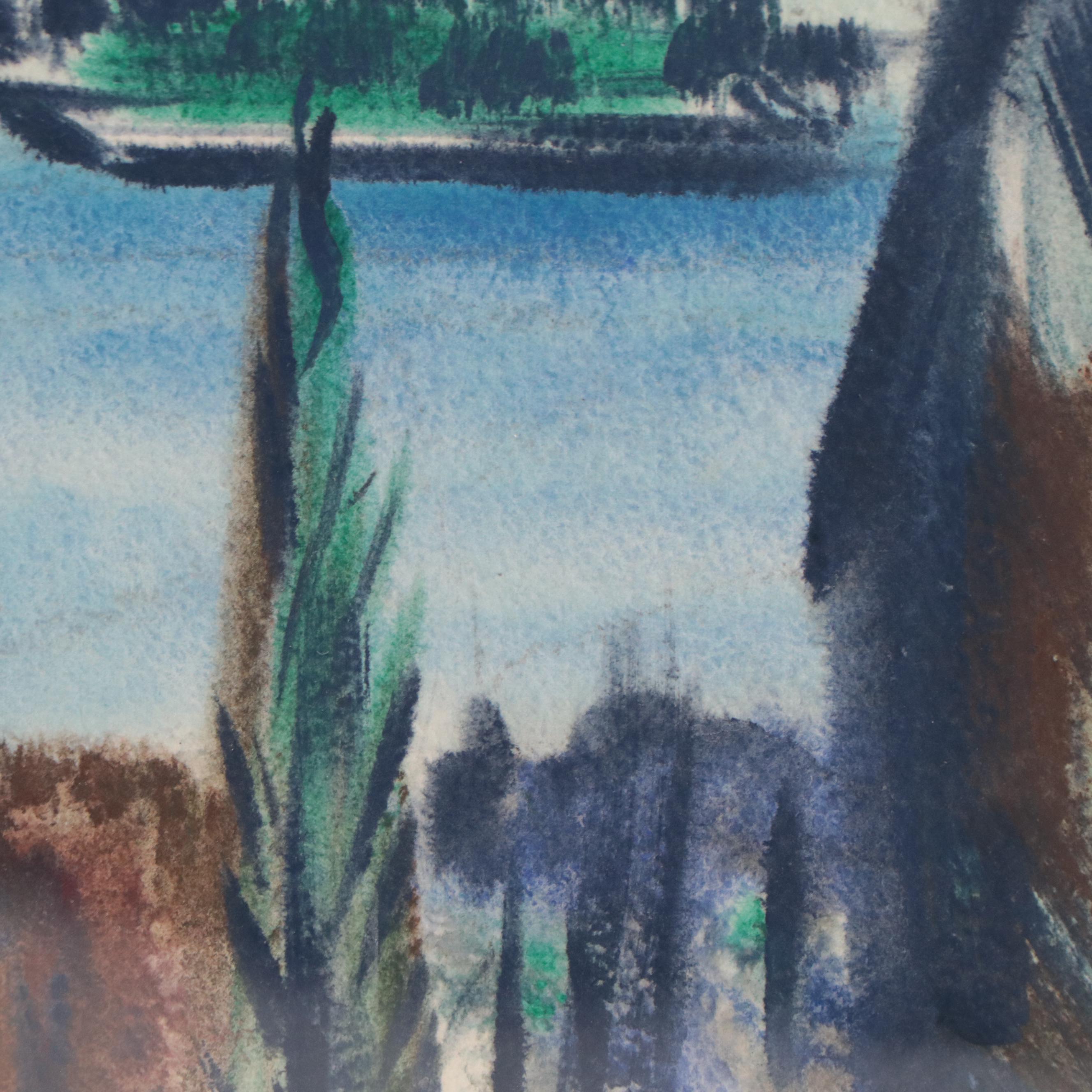 Yngve H. Olsen Modernist Watercolor Painting of Landscape, Mid-20th Century