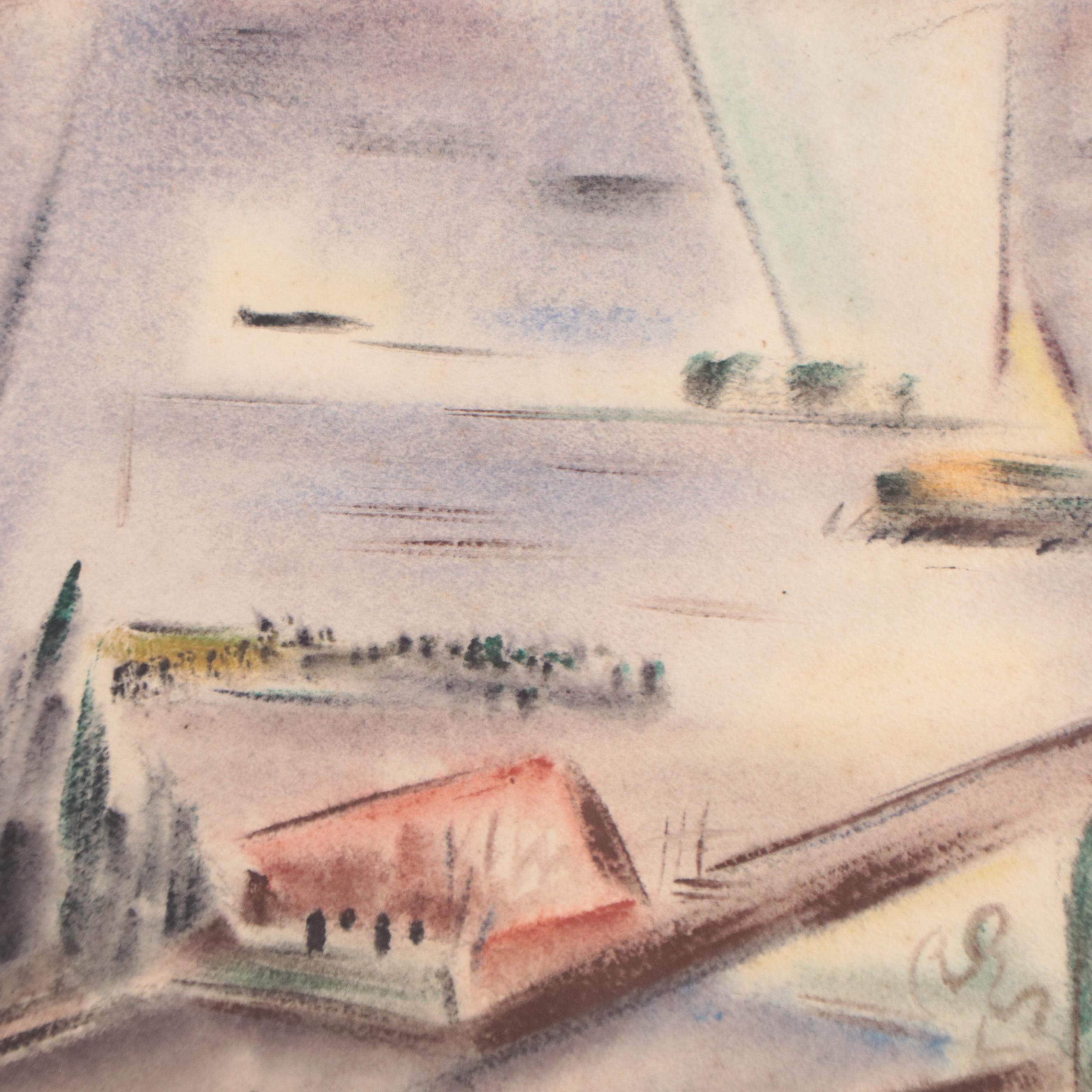 Yngve H. Olsen Modernist Watercolor Painting of Landscape, 1952