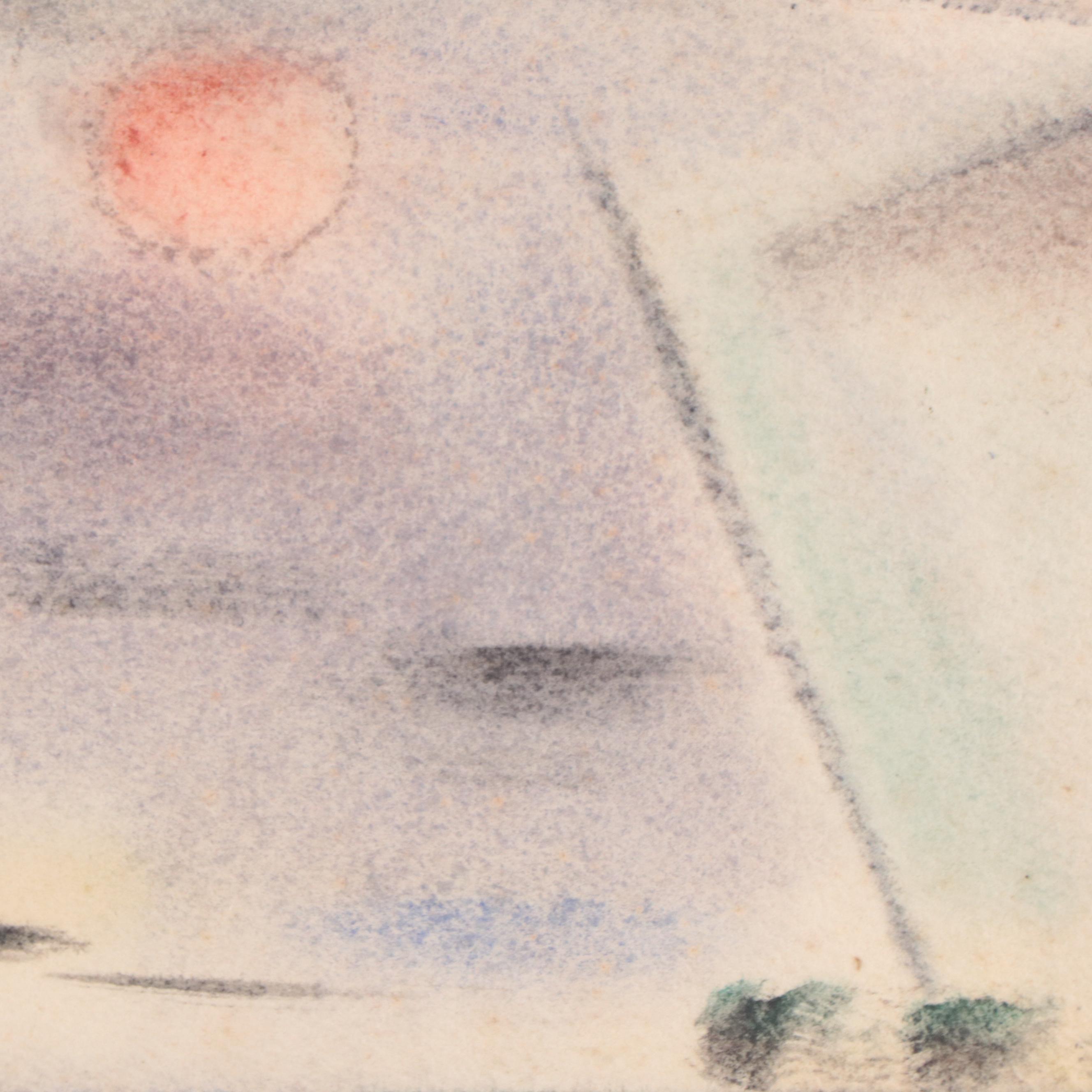 Yngve H. Olsen Modernist Watercolor Painting of Landscape, 1952