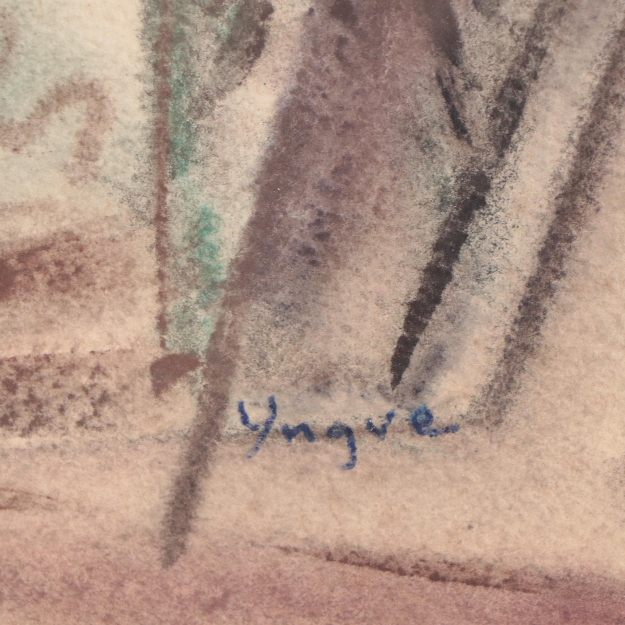 Yngve H. Olsen Modernist Watercolor Painting of Landscape, 1952