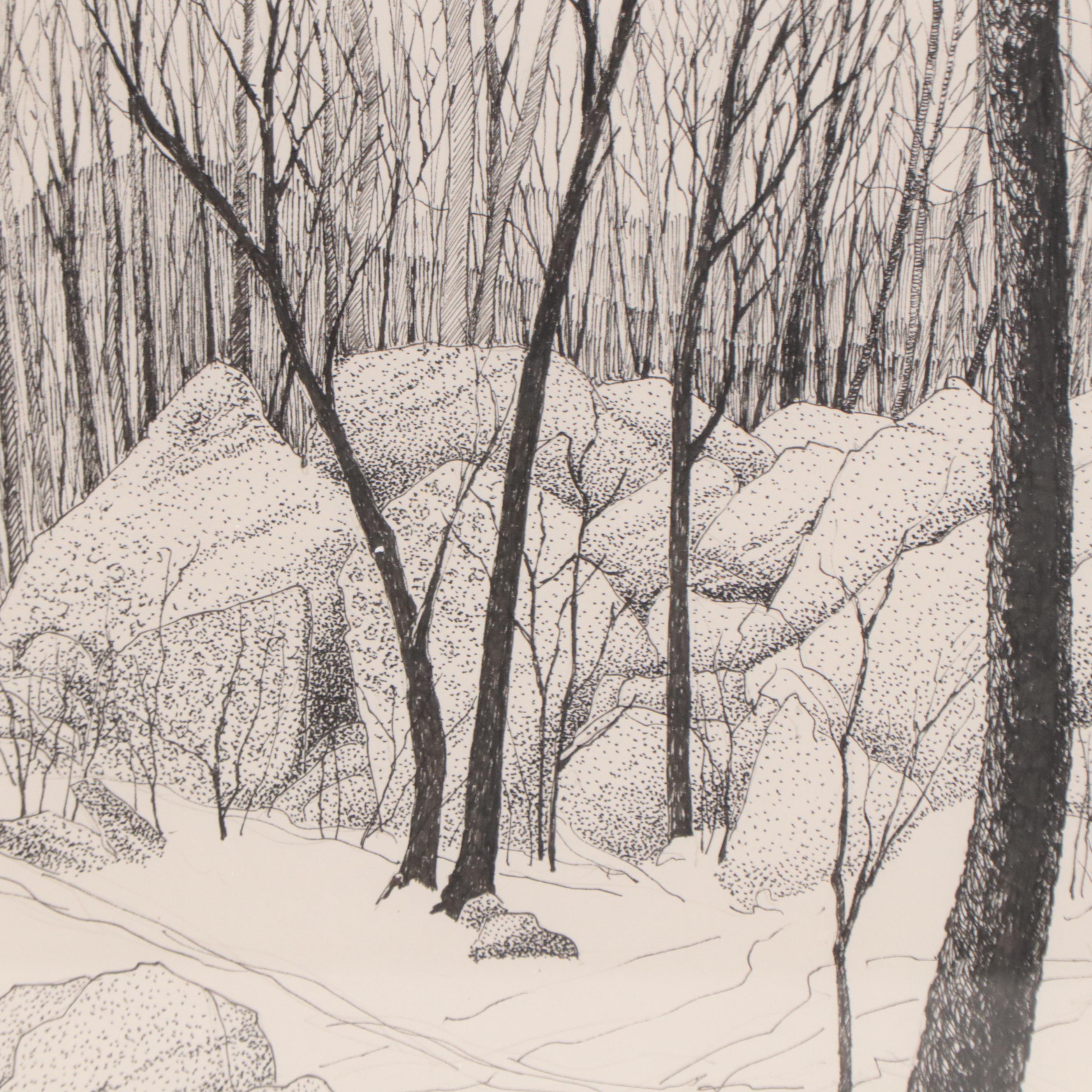 Phyllis Rash Hughes Ink Drawing of Winter Forest Landscape
