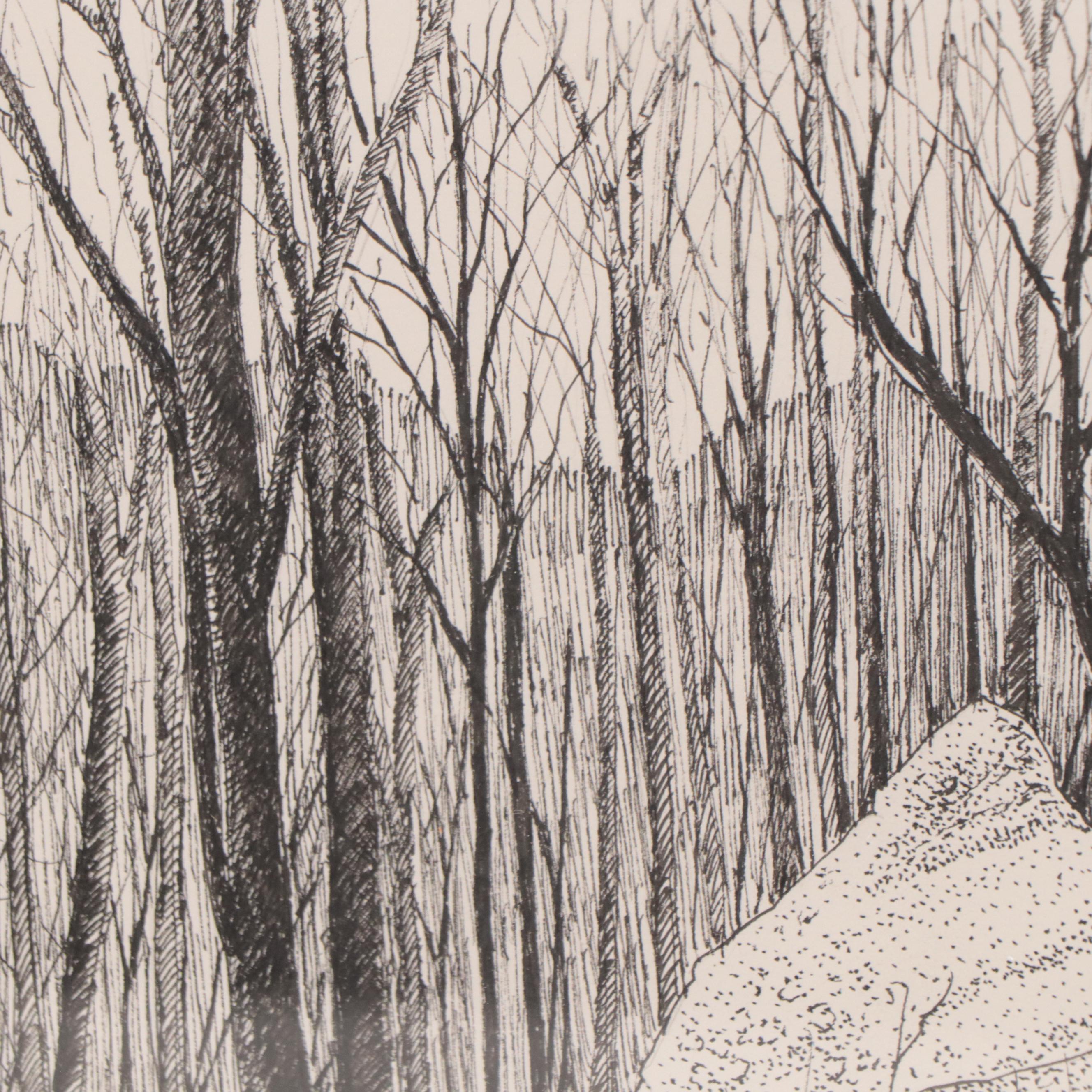 Phyllis Rash Hughes Ink Drawing of Winter Forest Landscape