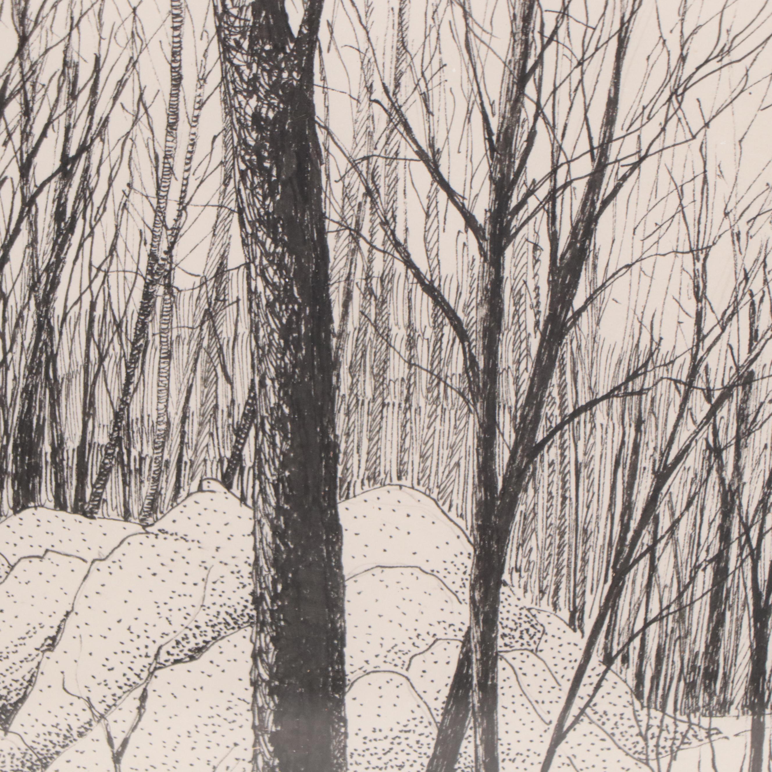 Phyllis Rash Hughes Ink Drawing of Winter Forest Landscape