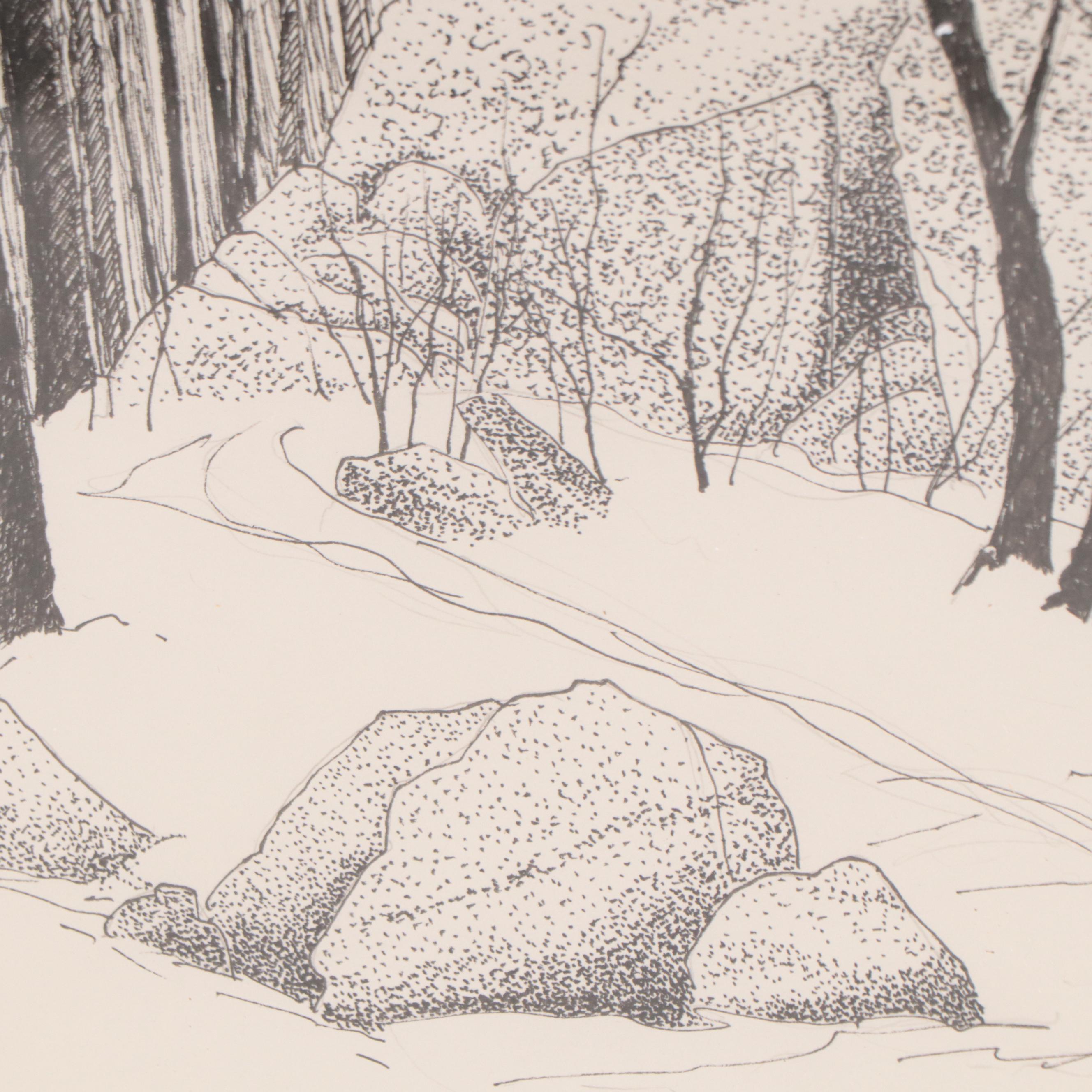 Phyllis Rash Hughes Ink Drawing of Winter Forest Landscape