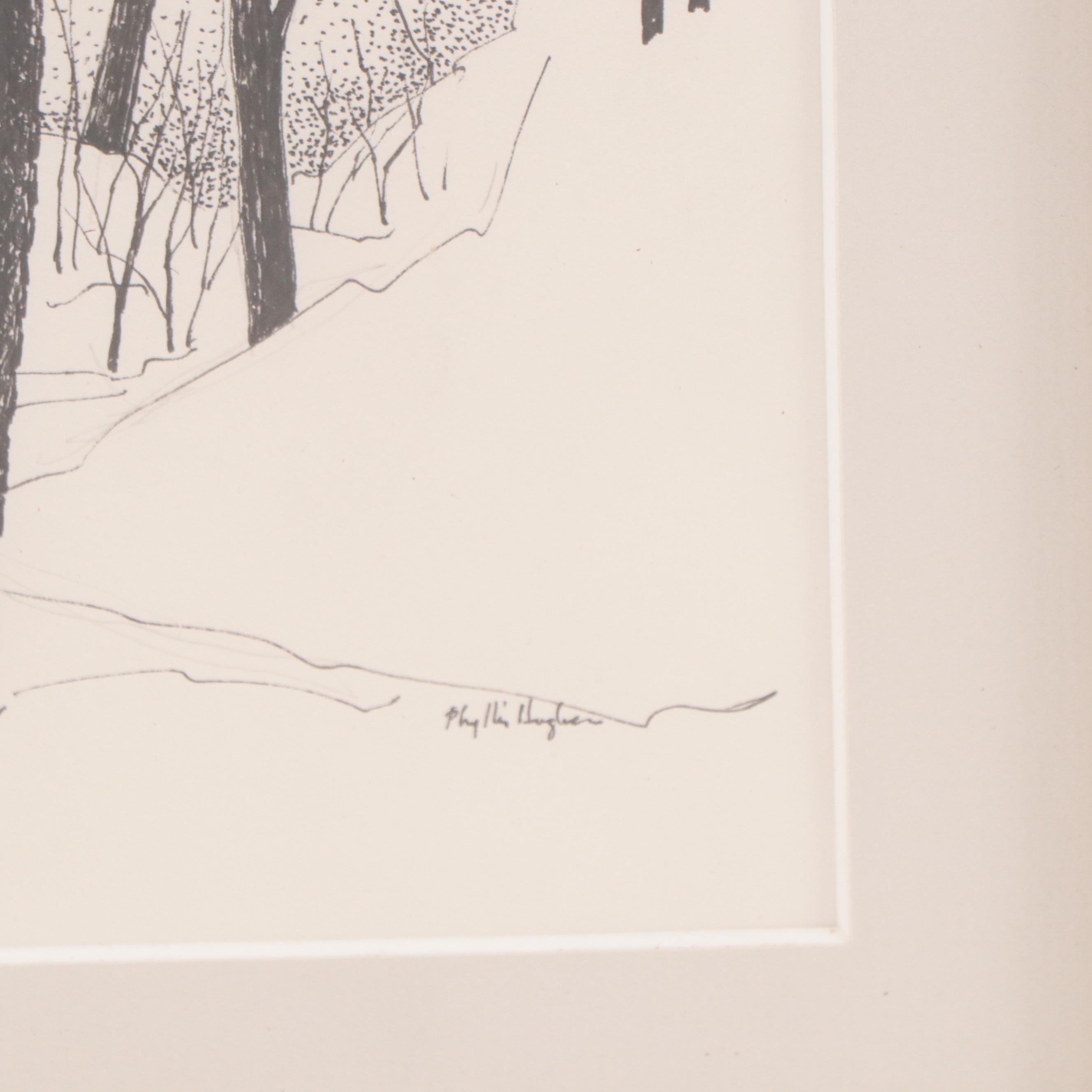Phyllis Rash Hughes Ink Drawing of Winter Forest Landscape