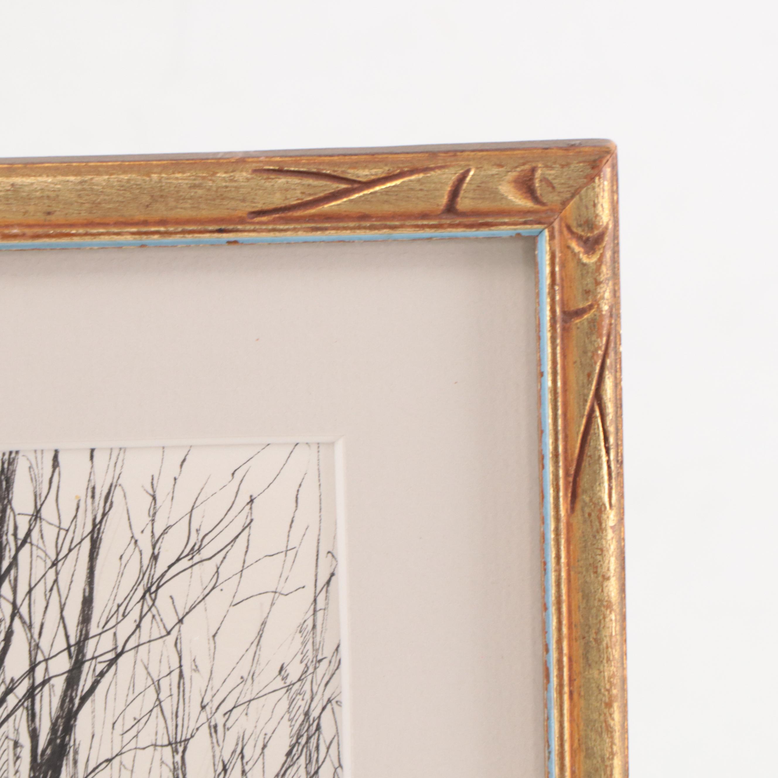 Phyllis Rash Hughes Ink Drawing of Winter Forest Landscape