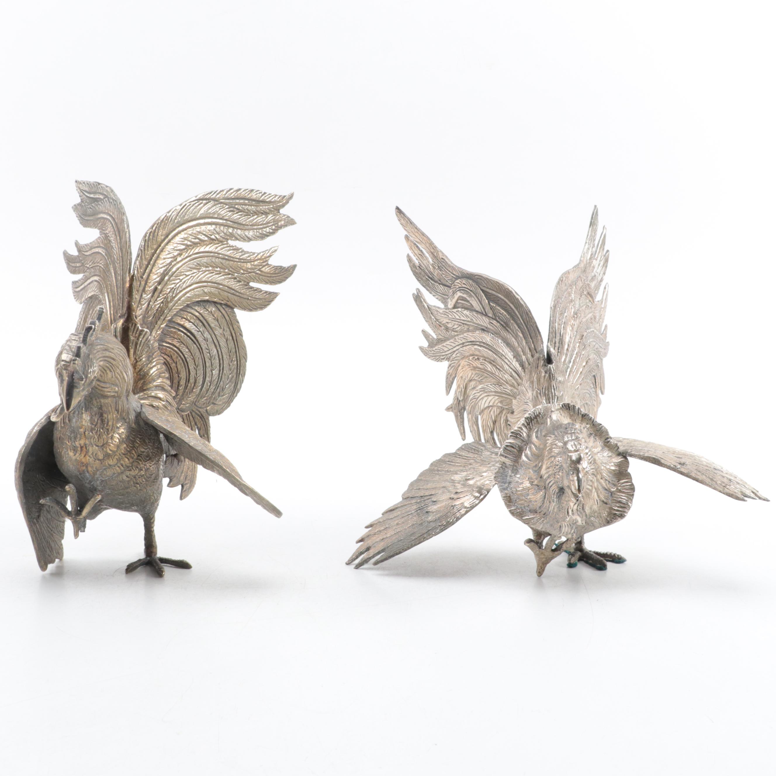 Pair of Cast Metal and Brass Fighting Roosters Figurines