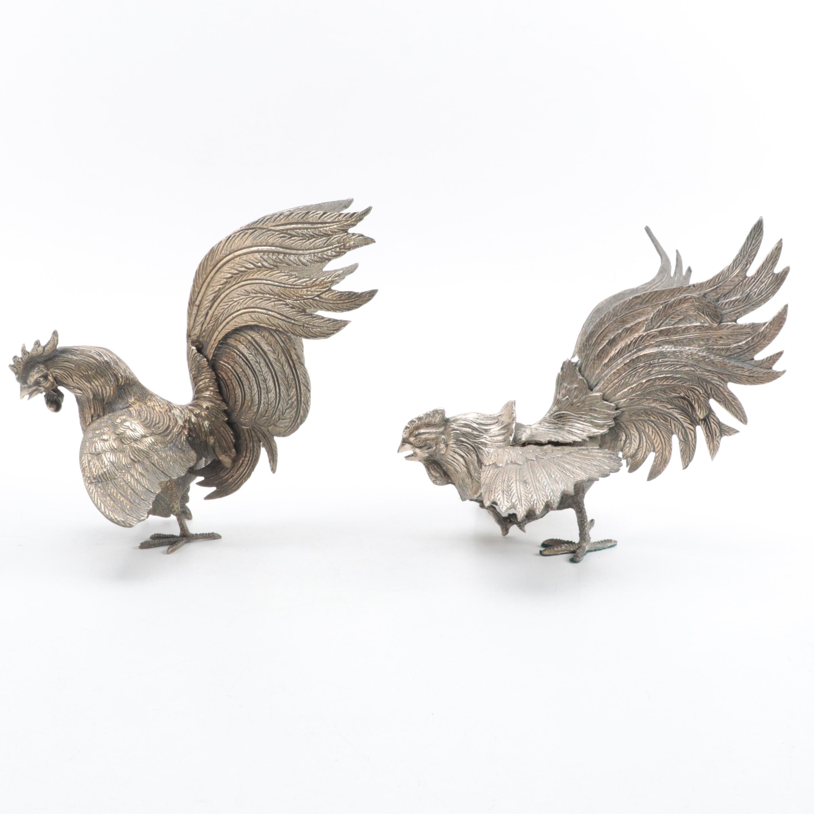 Pair of Cast Metal and Brass Fighting Roosters Figurines
