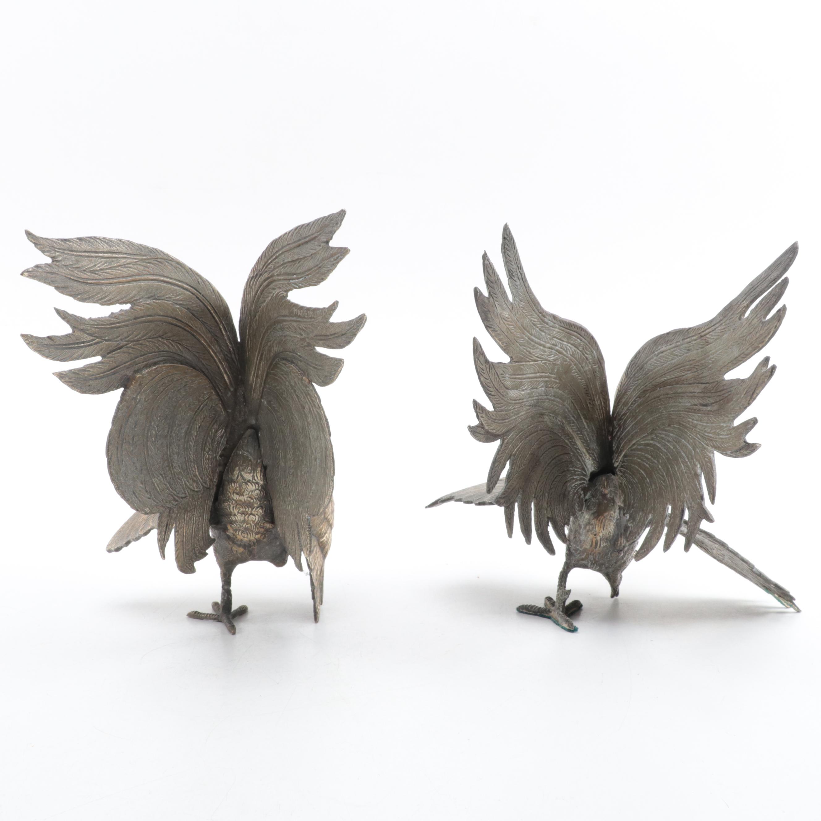 Pair of Cast Metal and Brass Fighting Roosters Figurines