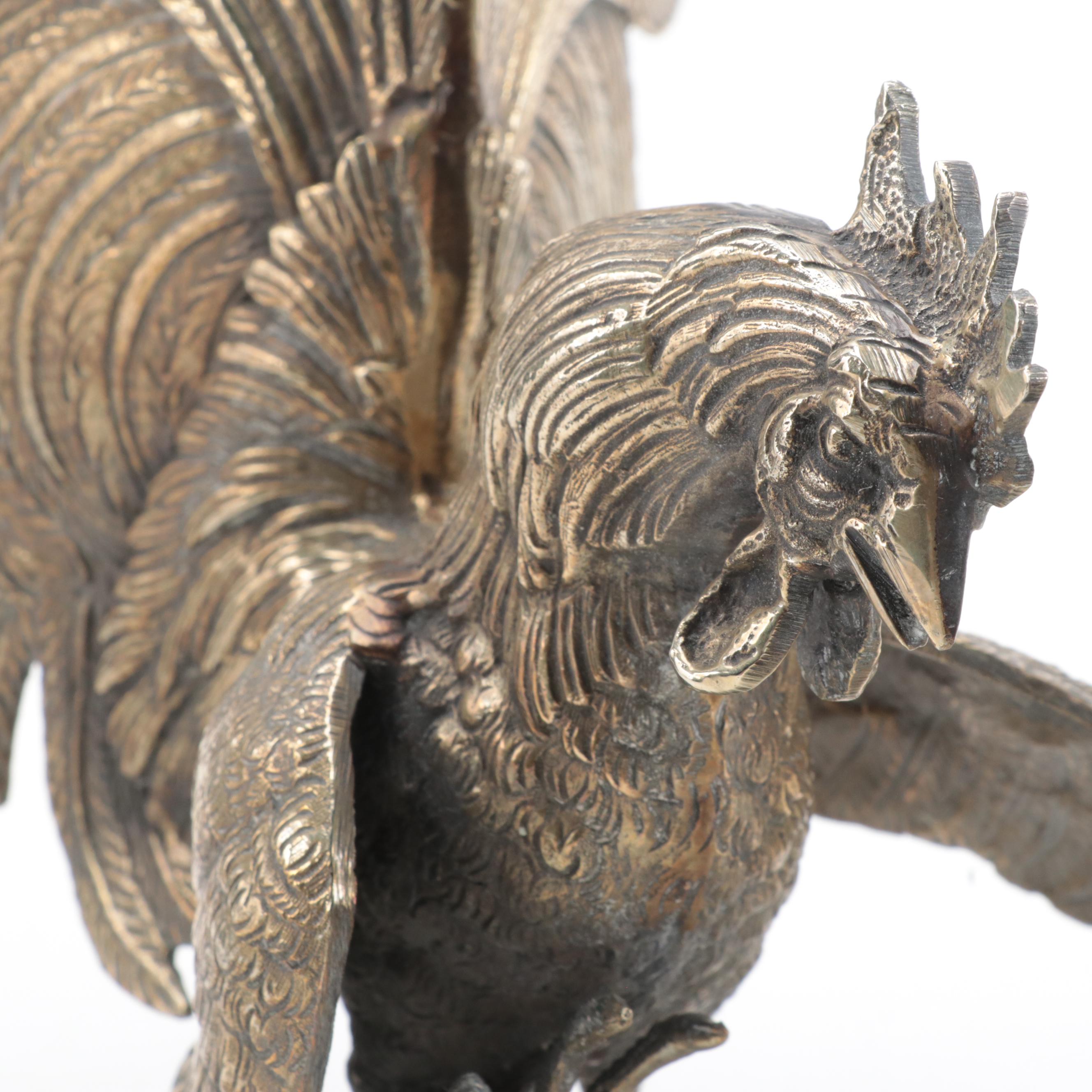 Pair of Cast Metal and Brass Fighting Roosters Figurines