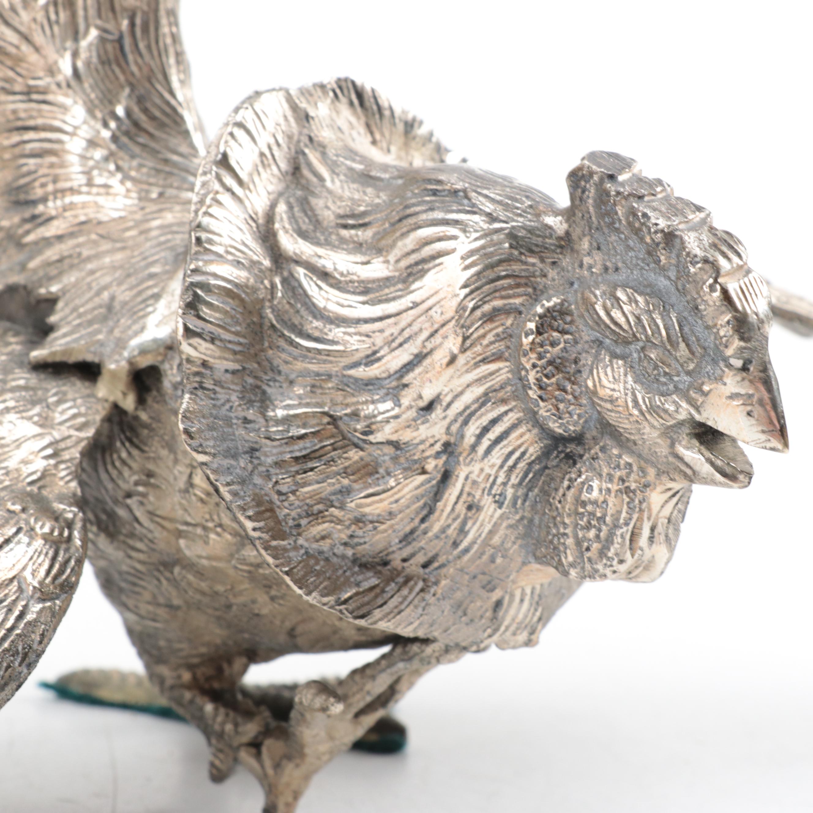Pair of Cast Metal and Brass Fighting Roosters Figurines