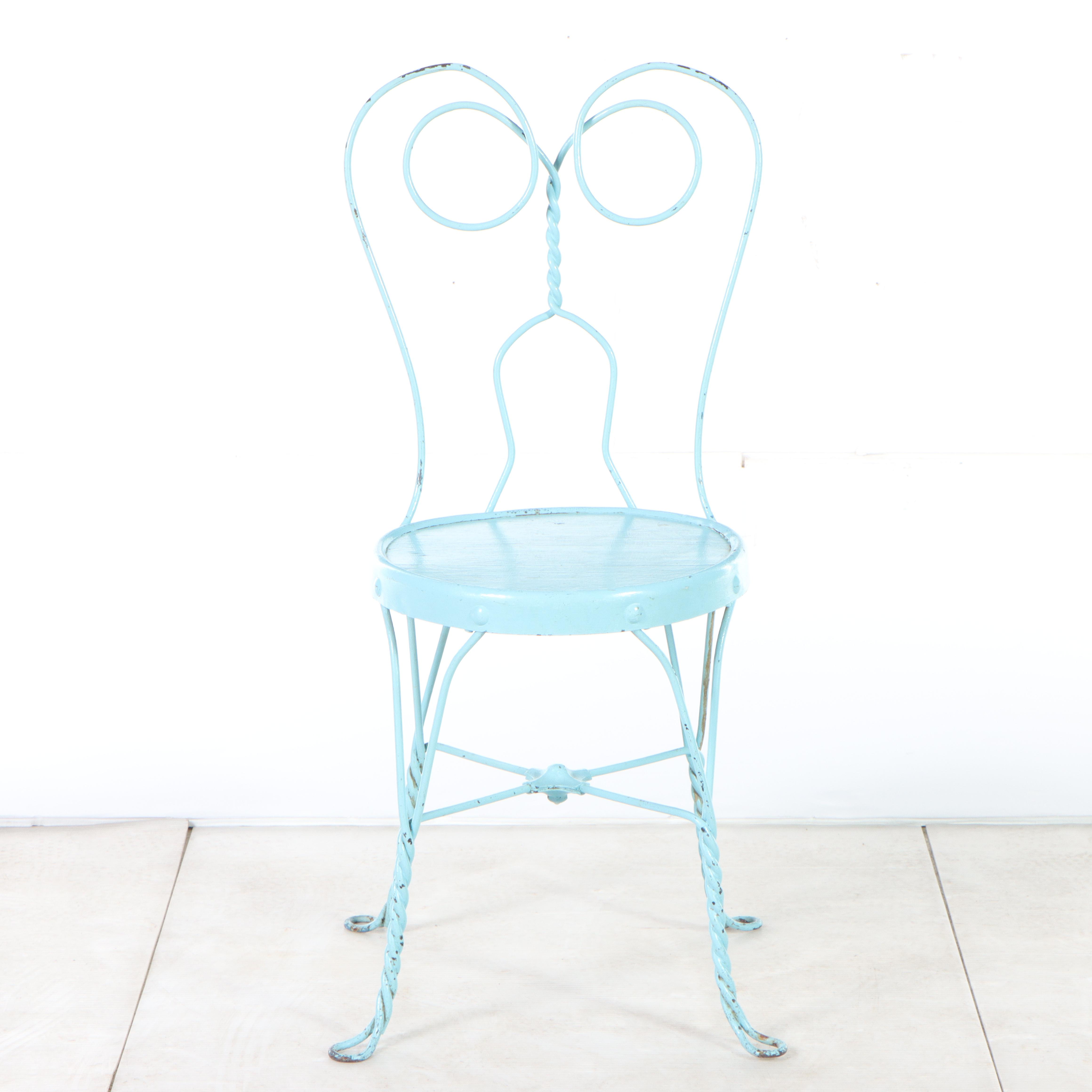 Four Blue-Painted Twisted Wire and Wood Seat Ice Cream Parlor Chairs