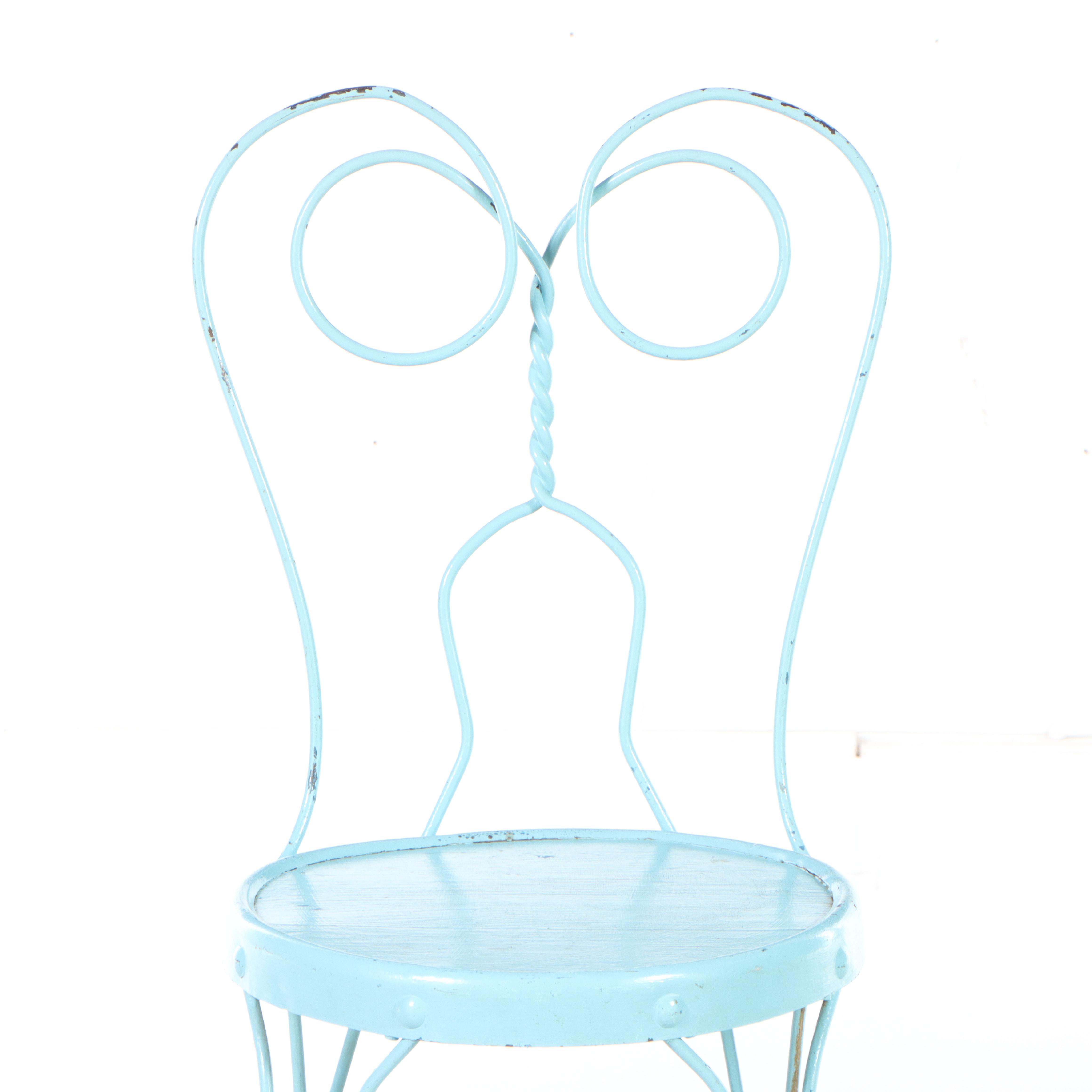 Four Blue-Painted Twisted Wire and Wood Seat Ice Cream Parlor Chairs