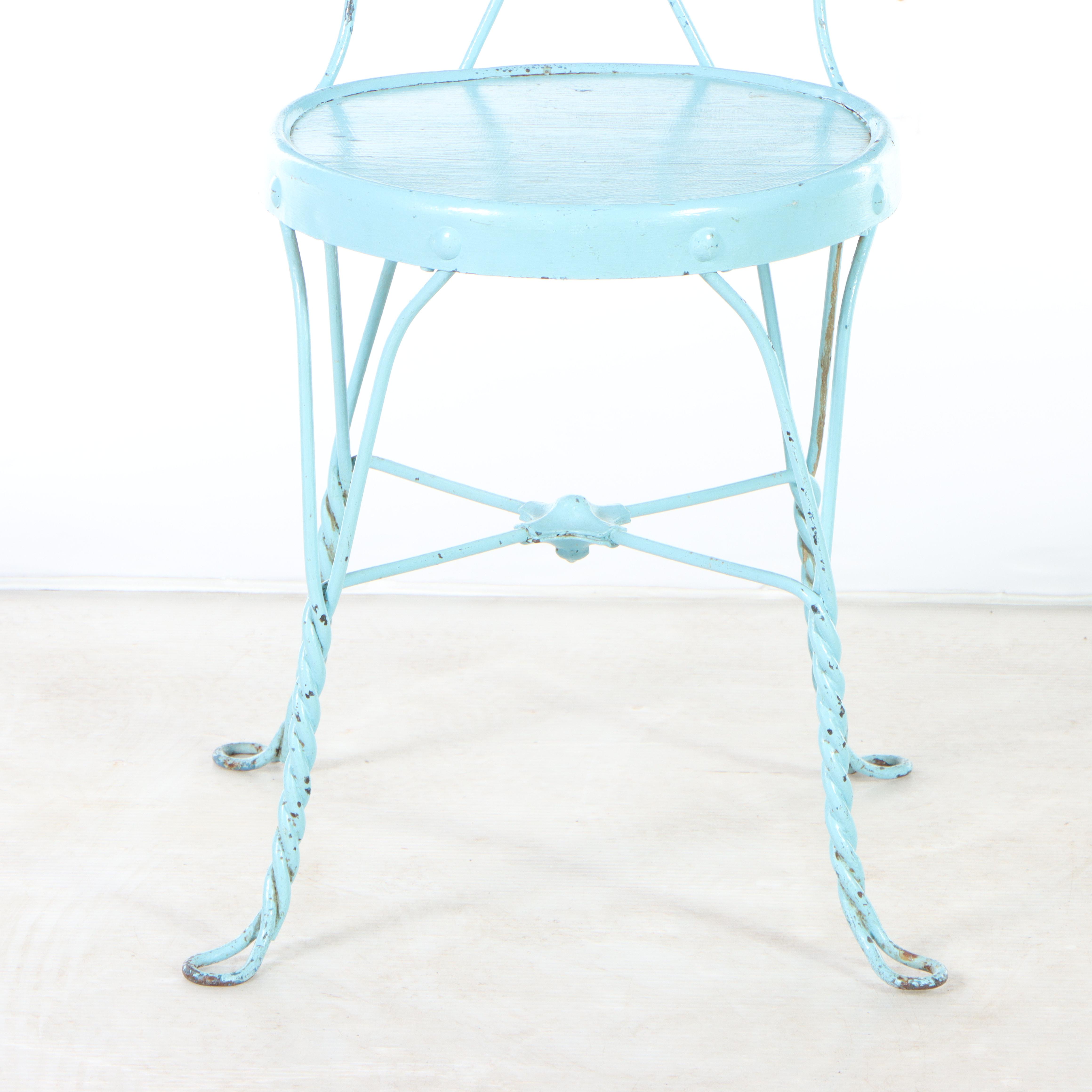Four Blue-Painted Twisted Wire and Wood Seat Ice Cream Parlor Chairs