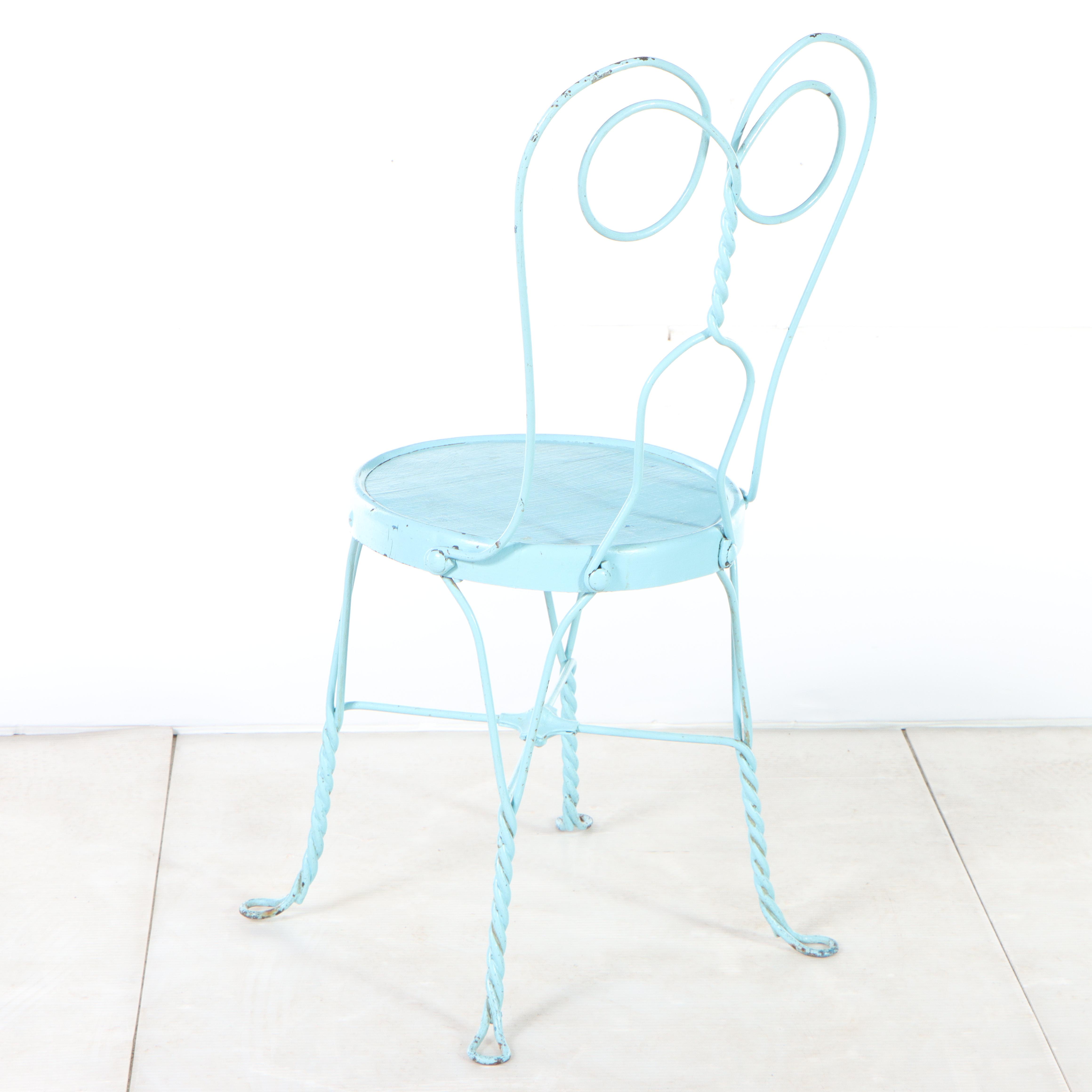 Four Blue-Painted Twisted Wire and Wood Seat Ice Cream Parlor Chairs