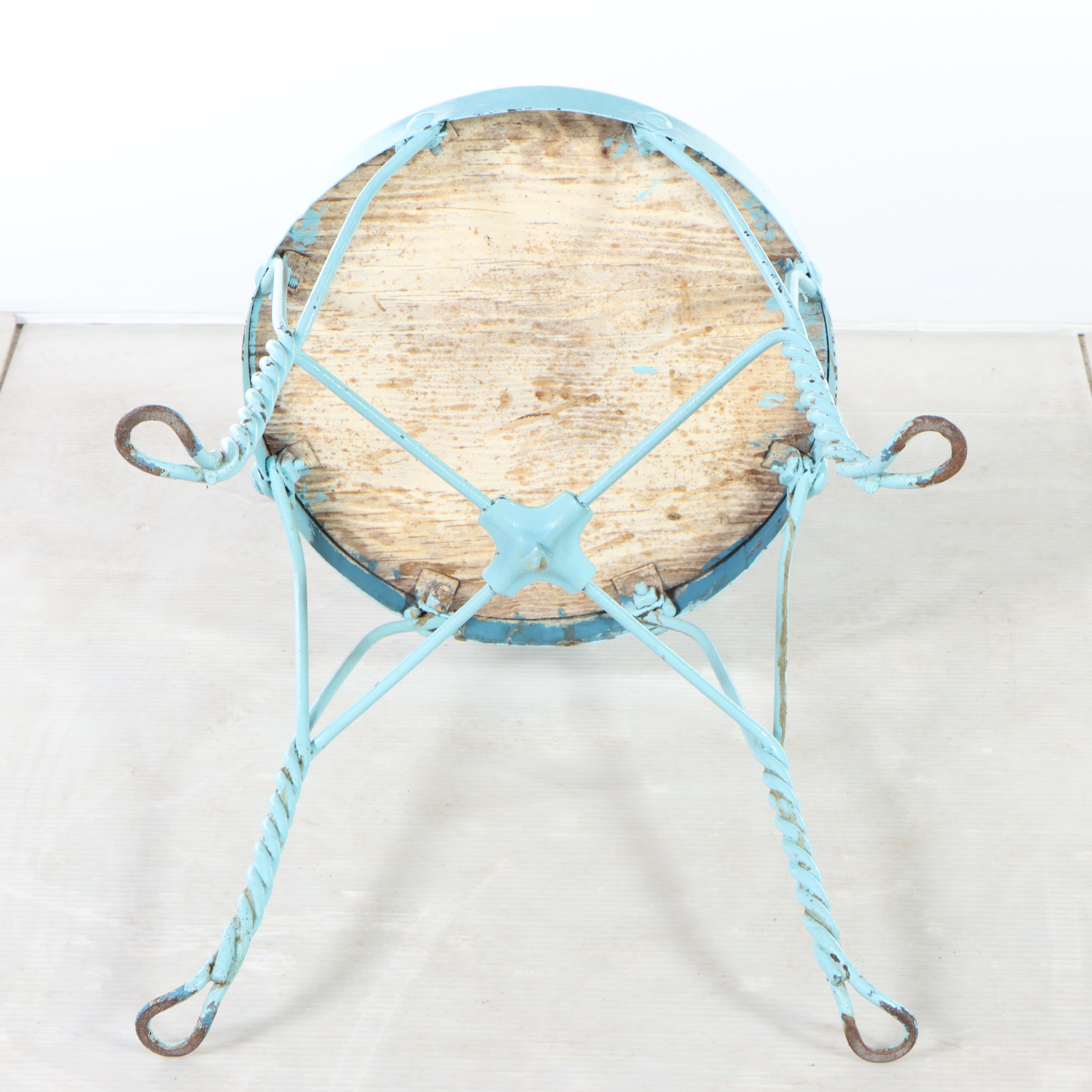Four Blue-Painted Twisted Wire and Wood Seat Ice Cream Parlor Chairs