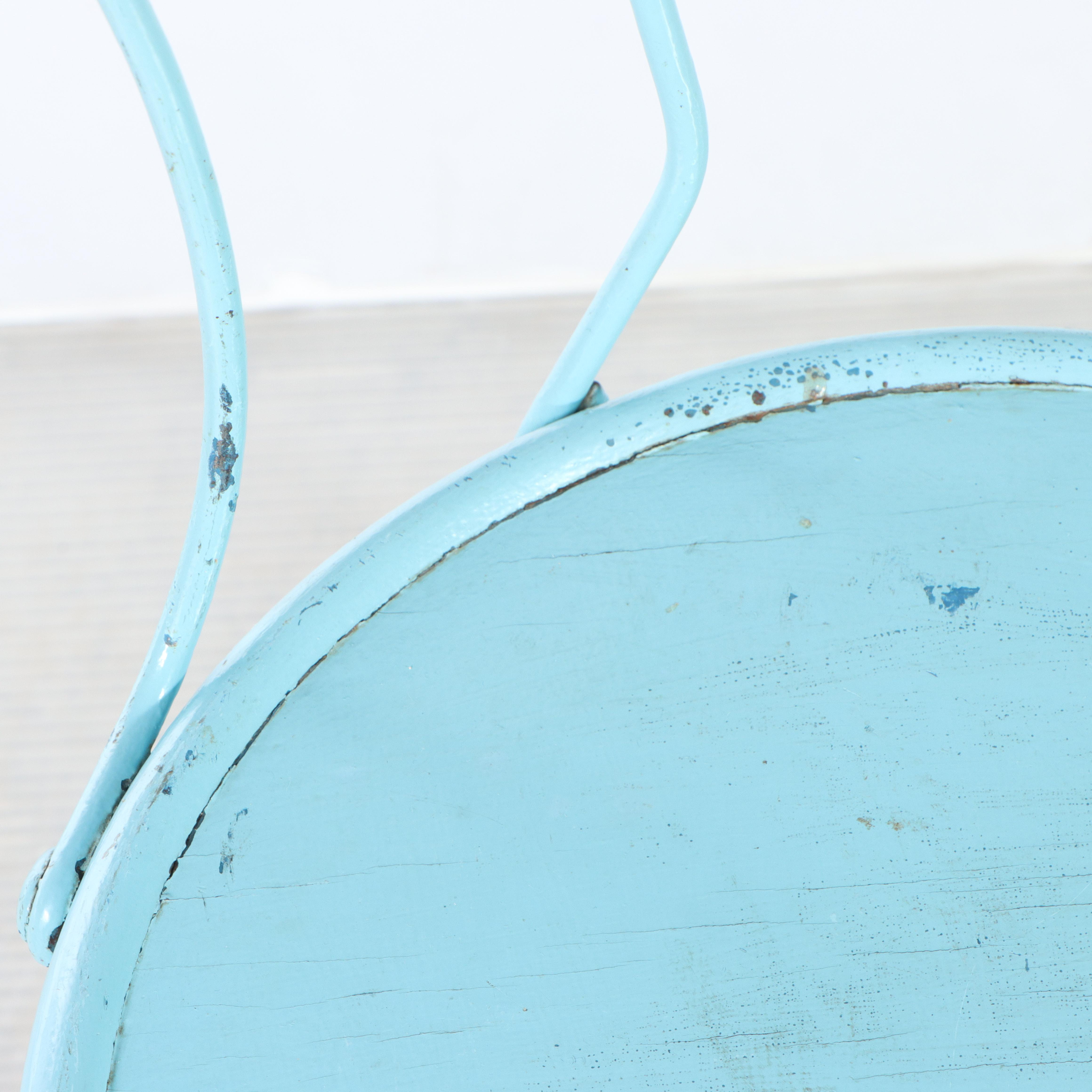 Four Blue-Painted Twisted Wire and Wood Seat Ice Cream Parlor Chairs