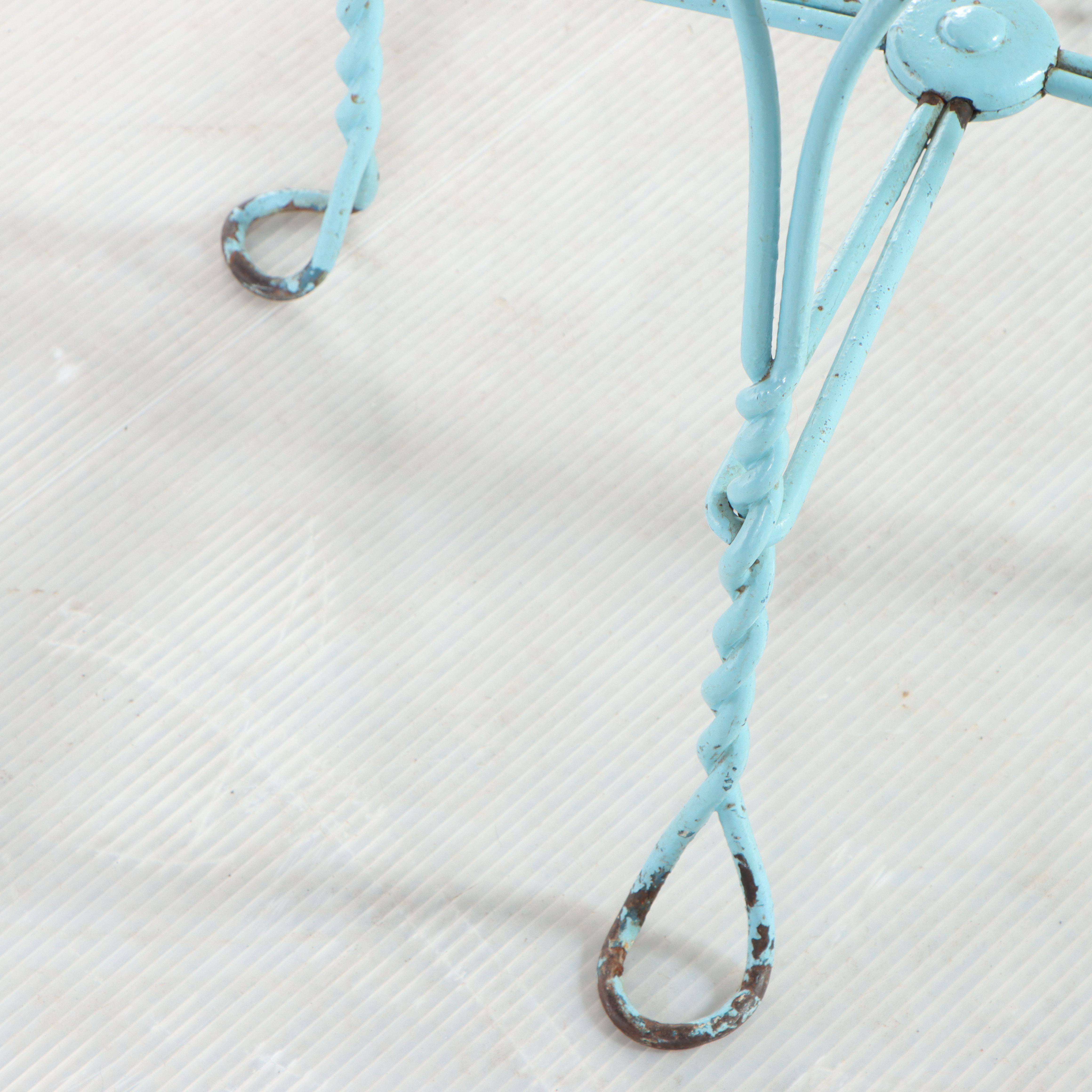 Four Blue-Painted Twisted Wire and Wood Seat Ice Cream Parlor Chairs