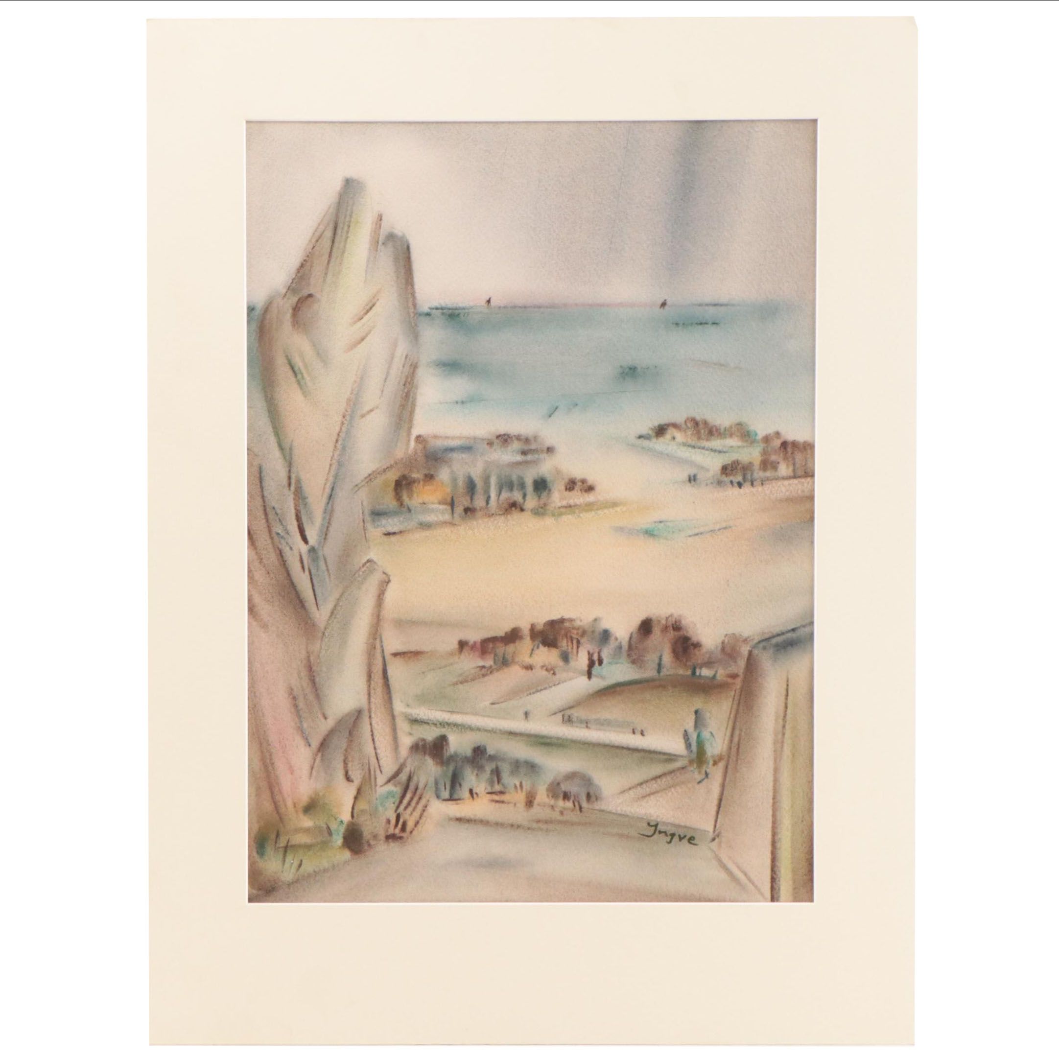 Yngve H. Olsen Modernist Watercolor Painting of Landscape, Mid-20th Century