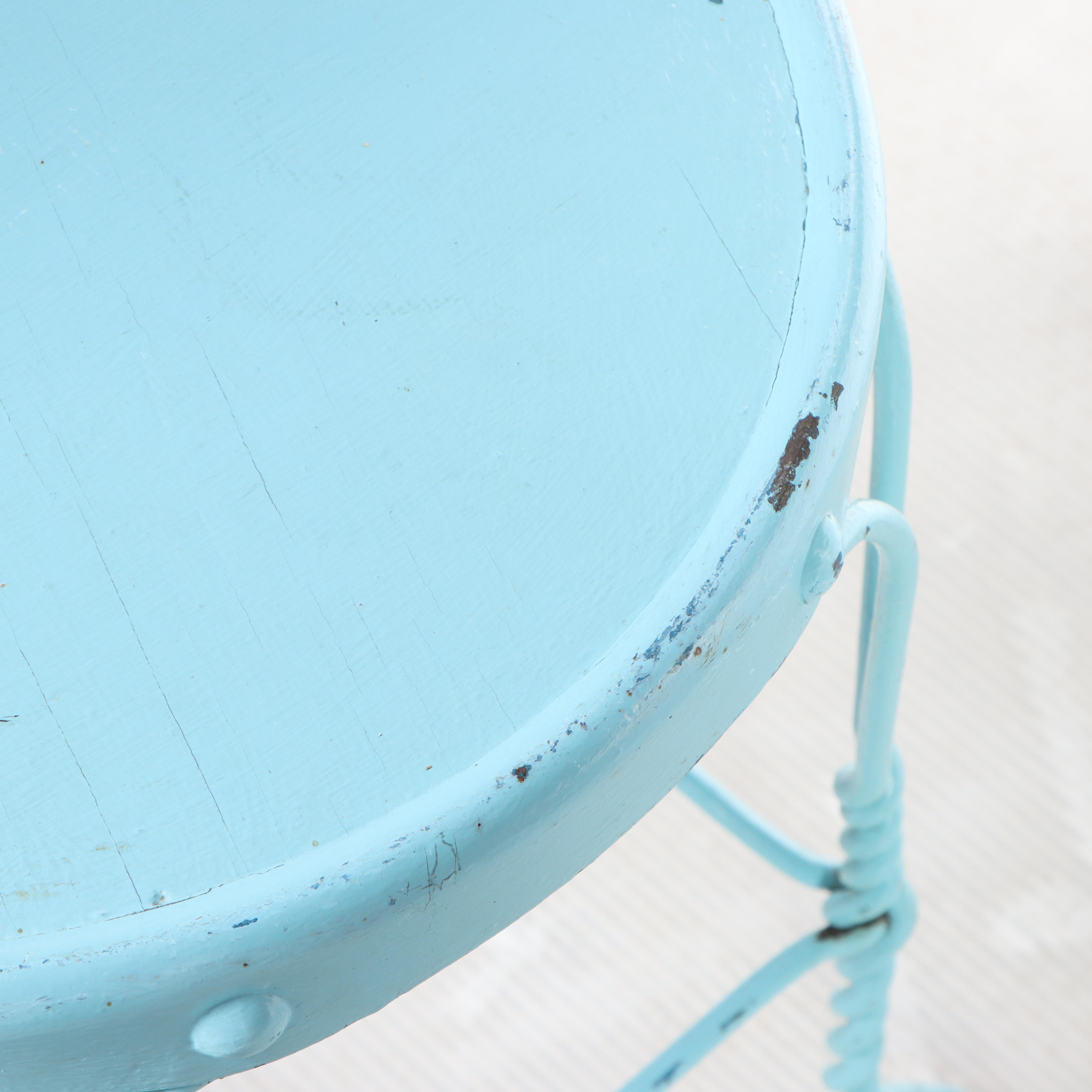 Four Blue-Painted Twisted Wire and Wood Seat Ice Cream Parlor Chairs