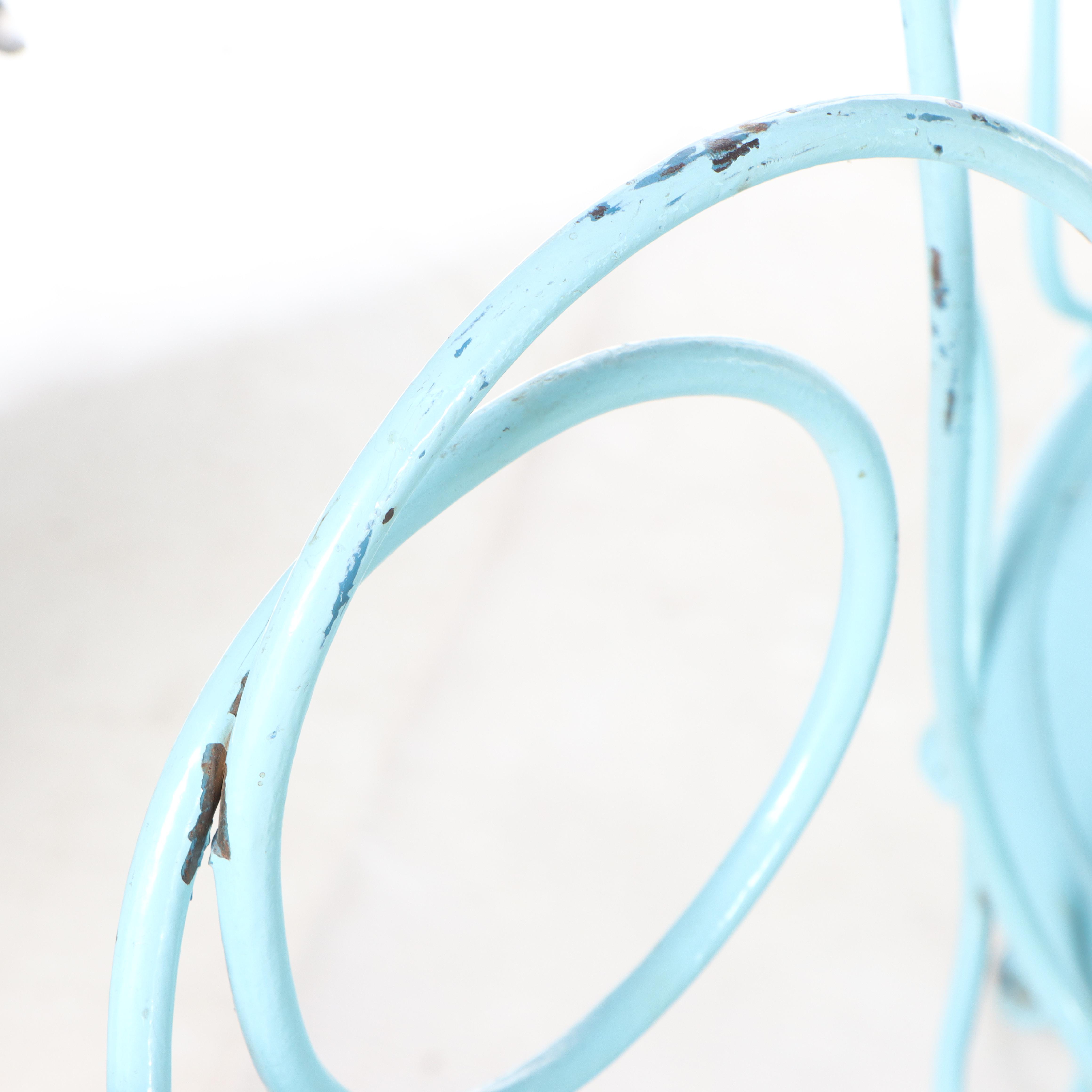 Four Blue-Painted Twisted Wire and Wood Seat Ice Cream Parlor Chairs