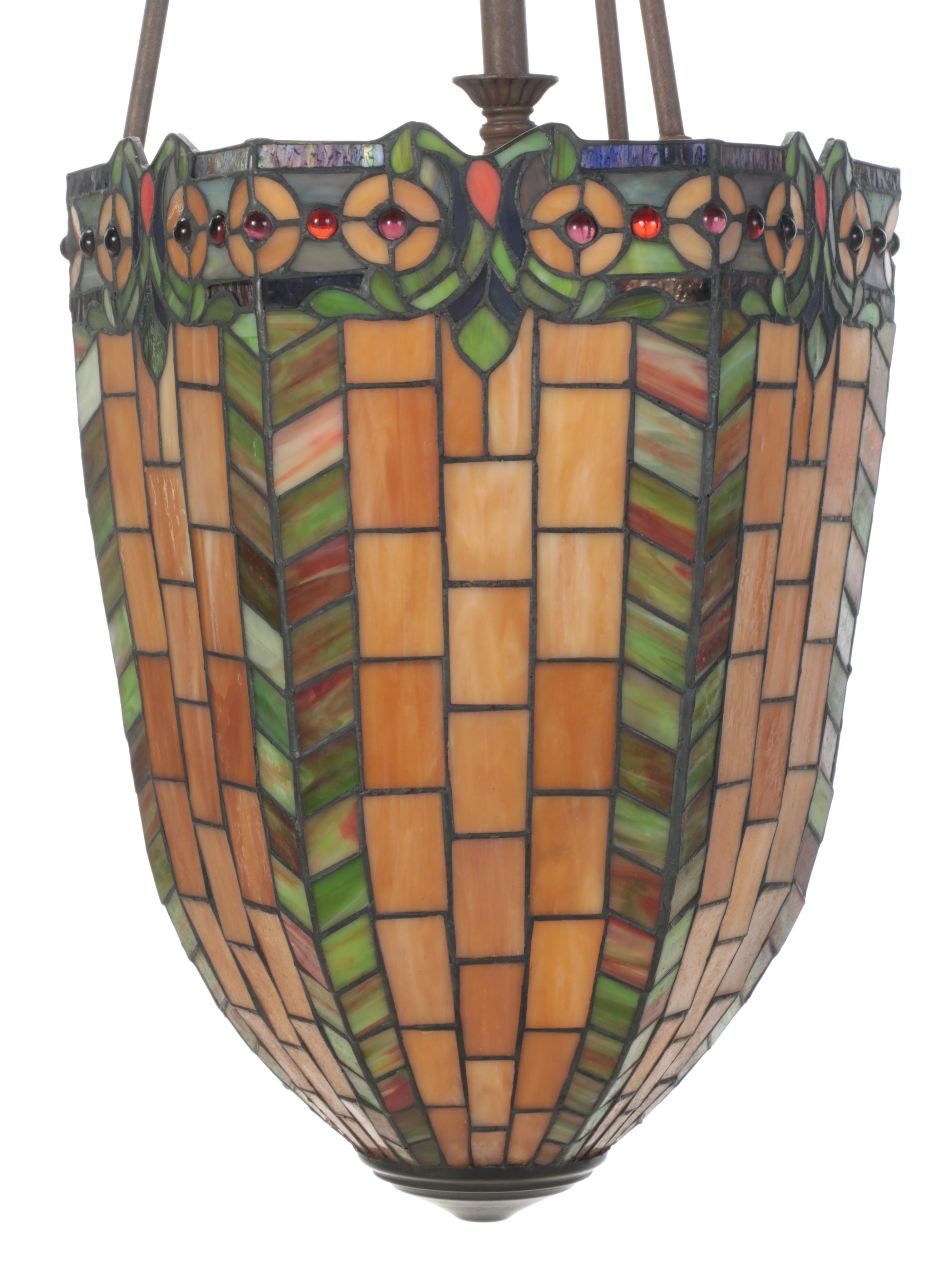 Slag Glass and Jeweled Pendant Light With Bronzed Metal Stem, Contemporary