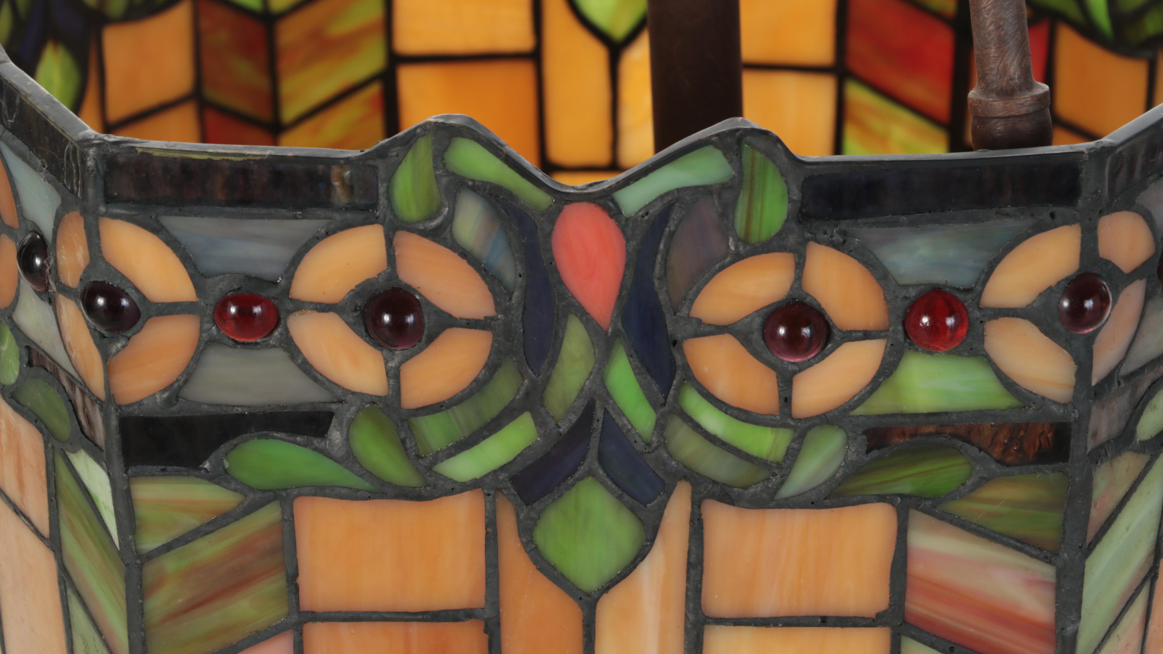 Slag Glass and Jeweled Pendant Light With Bronzed Metal Stem, Contemporary