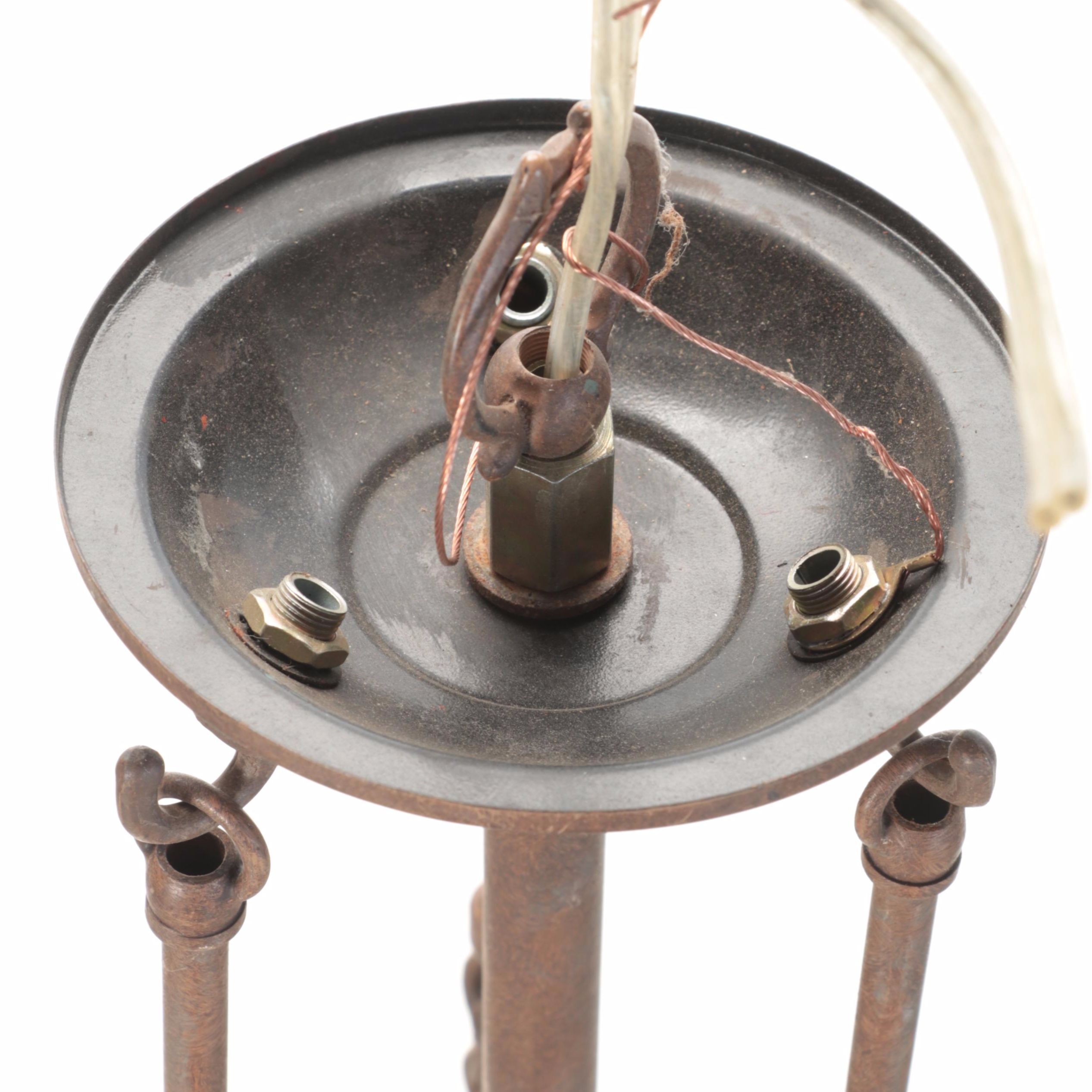 Slag Glass and Jeweled Pendant Light With Bronzed Metal Stem, Contemporary