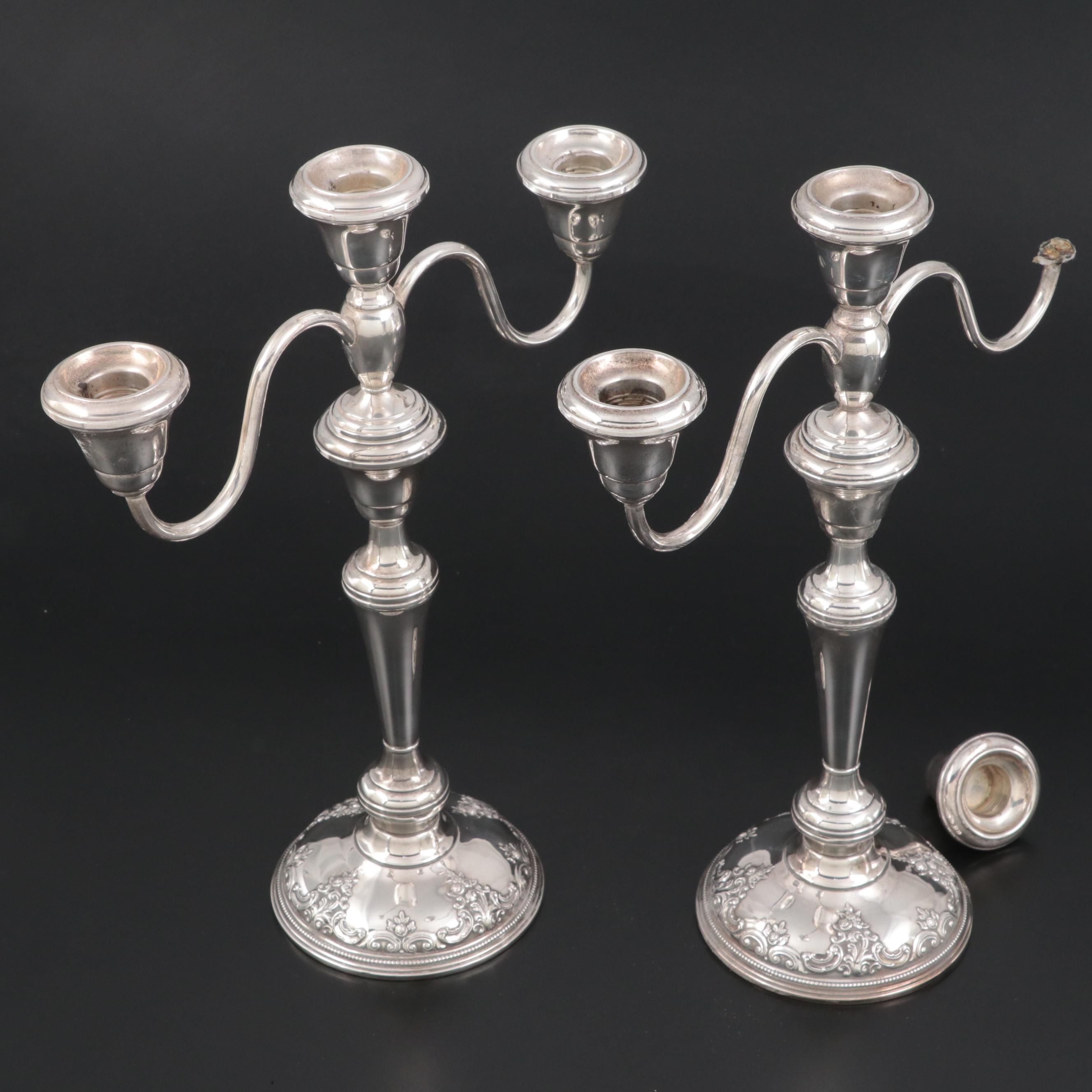 Wallace Weighted Sterling Three-Branch Candelabra with Shakers and Baby Rattle
