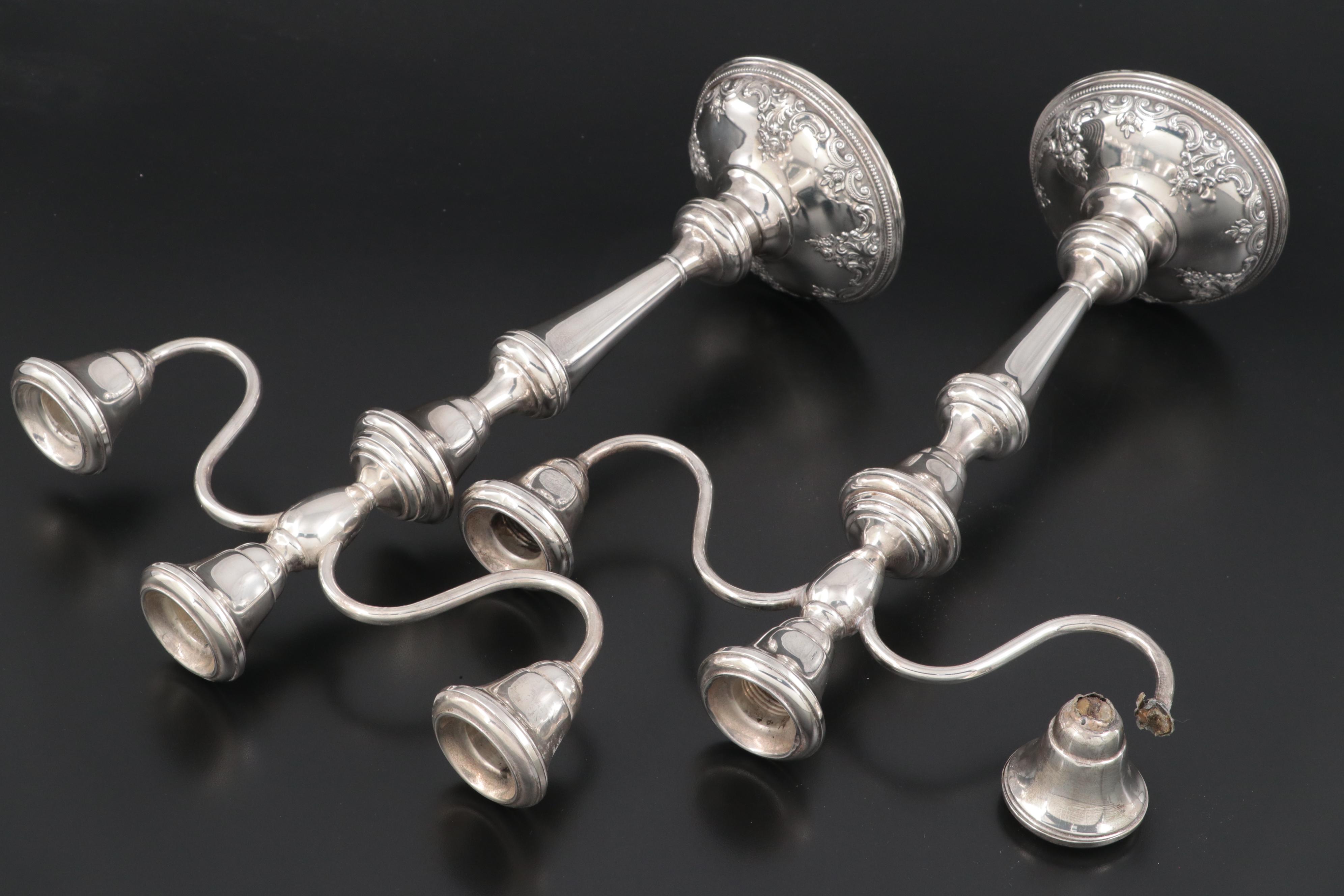 Wallace Weighted Sterling Three-Branch Candelabra with Shakers and Baby Rattle