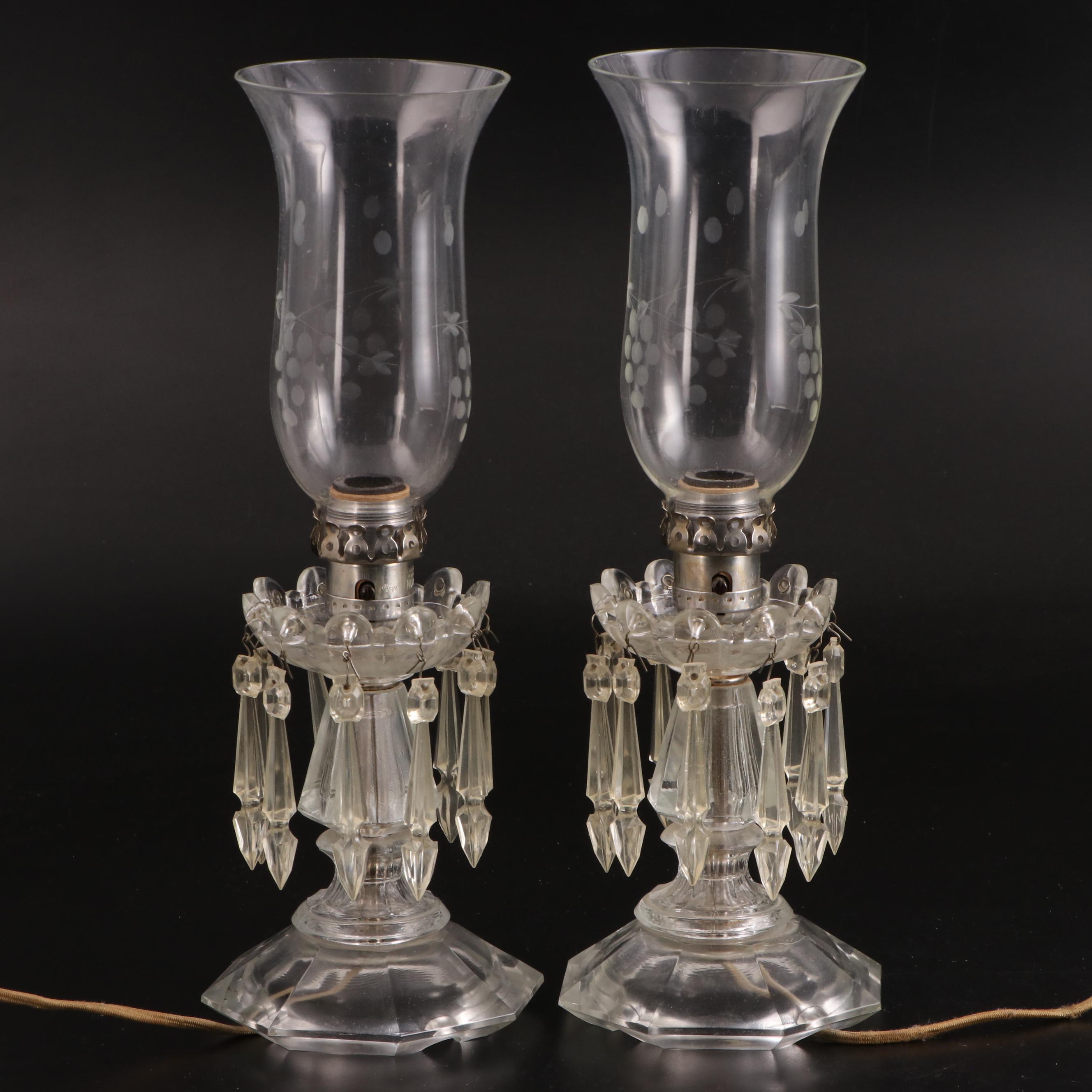 Pair of Etched and Pressed Glass Mantle Lusters, Adapted Late 20th Century
