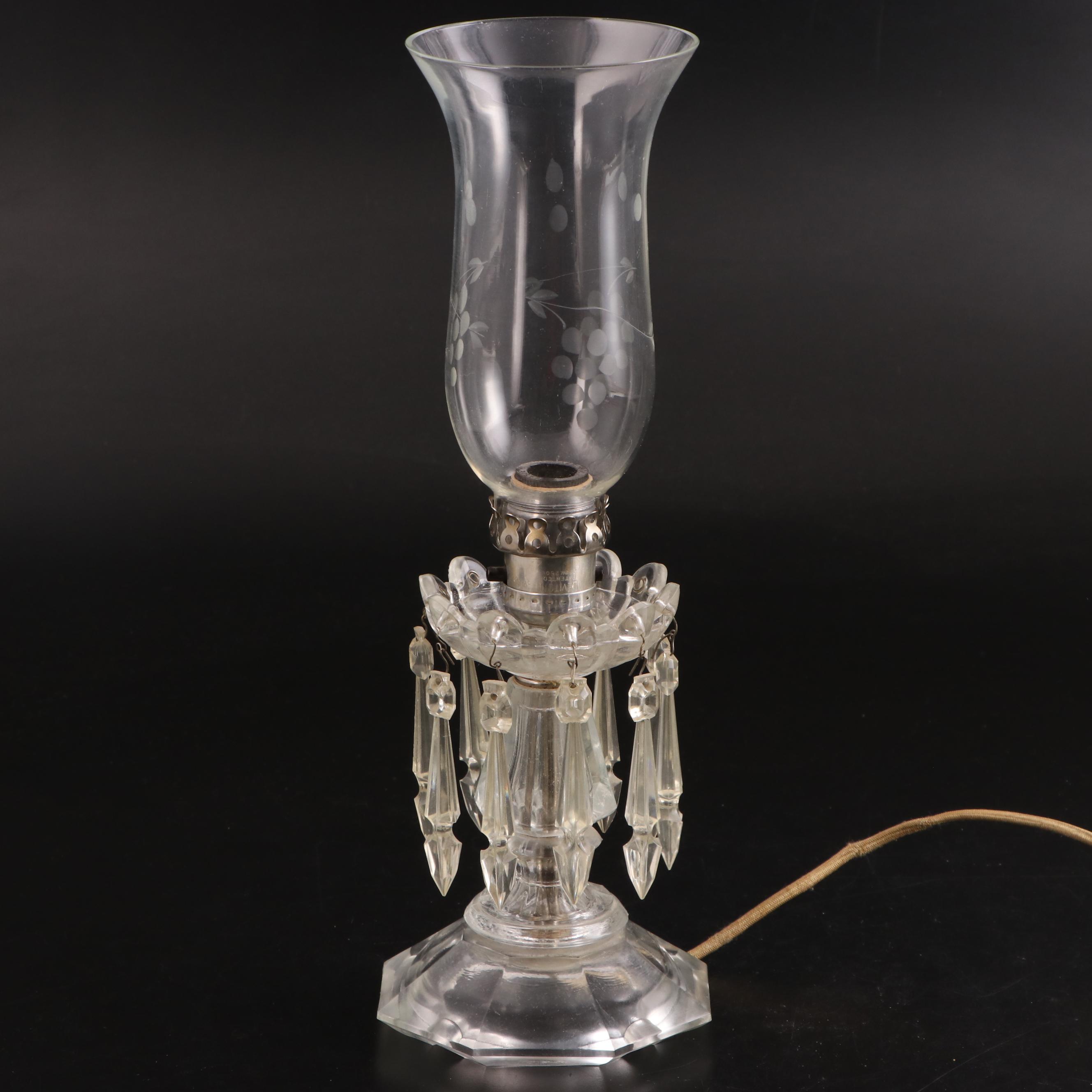 Pair of Etched and Pressed Glass Mantle Lusters, Adapted Late 20th Century