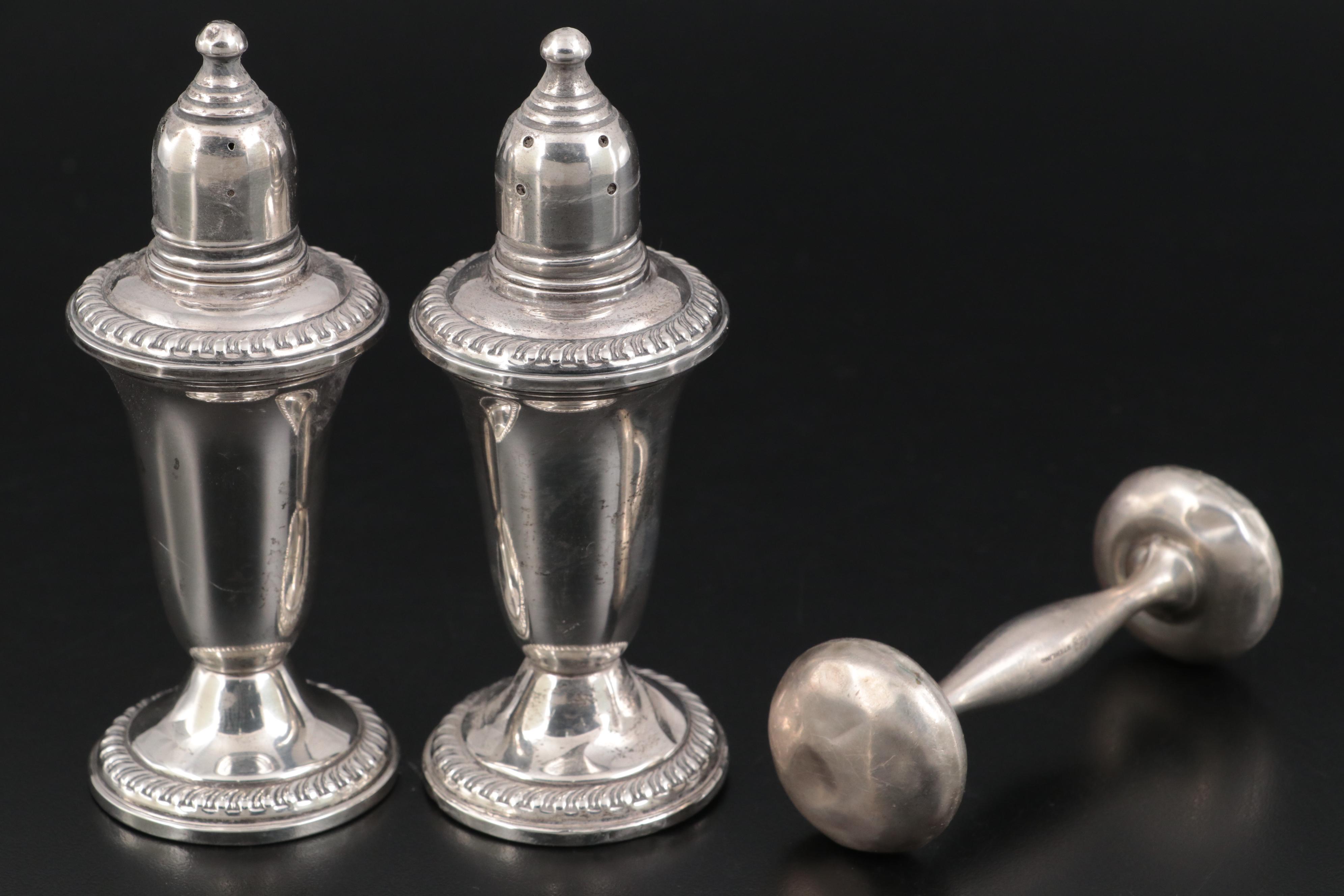 Wallace Weighted Sterling Three-Branch Candelabra with Shakers and Baby Rattle