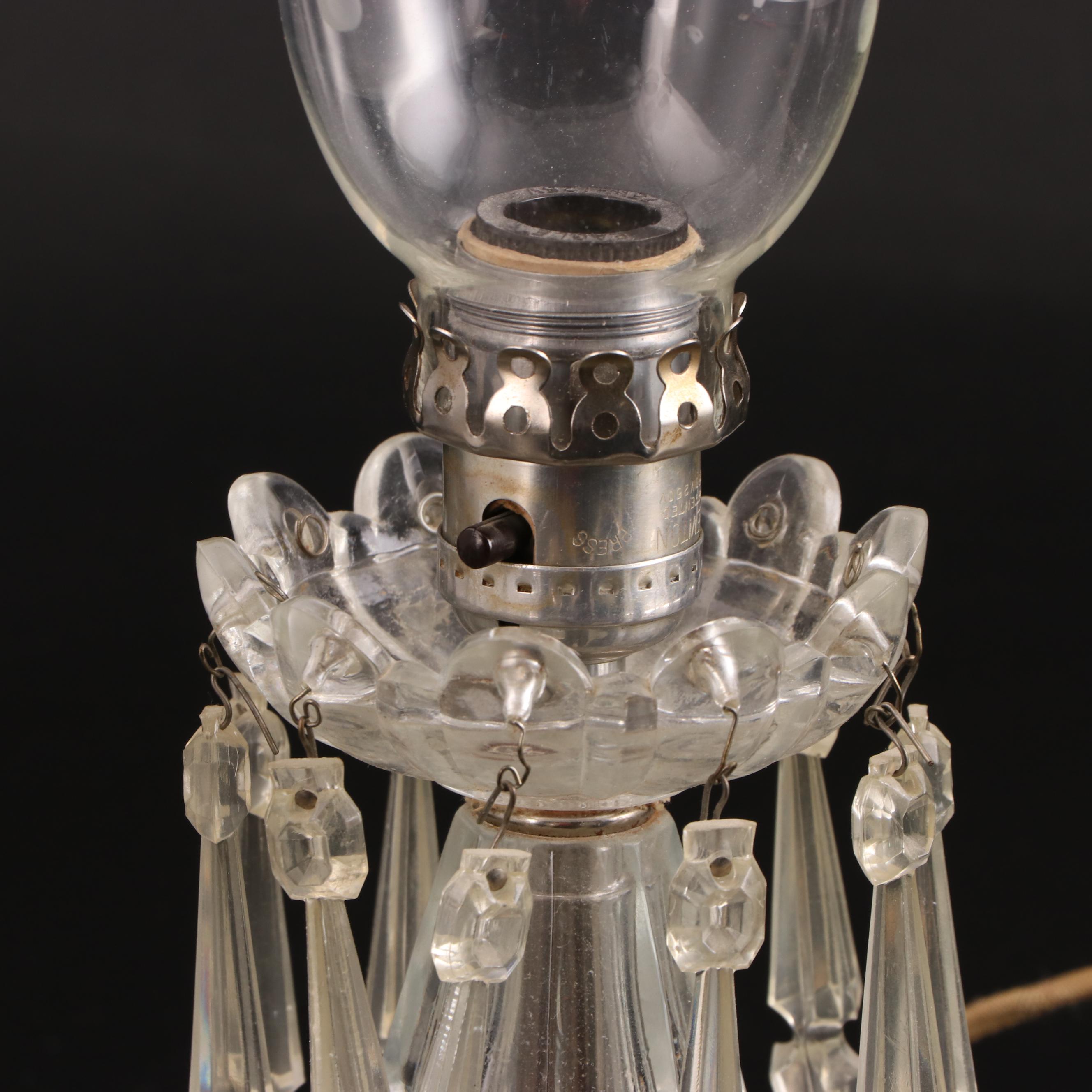 Pair of Etched and Pressed Glass Mantle Lusters, Adapted Late 20th Century