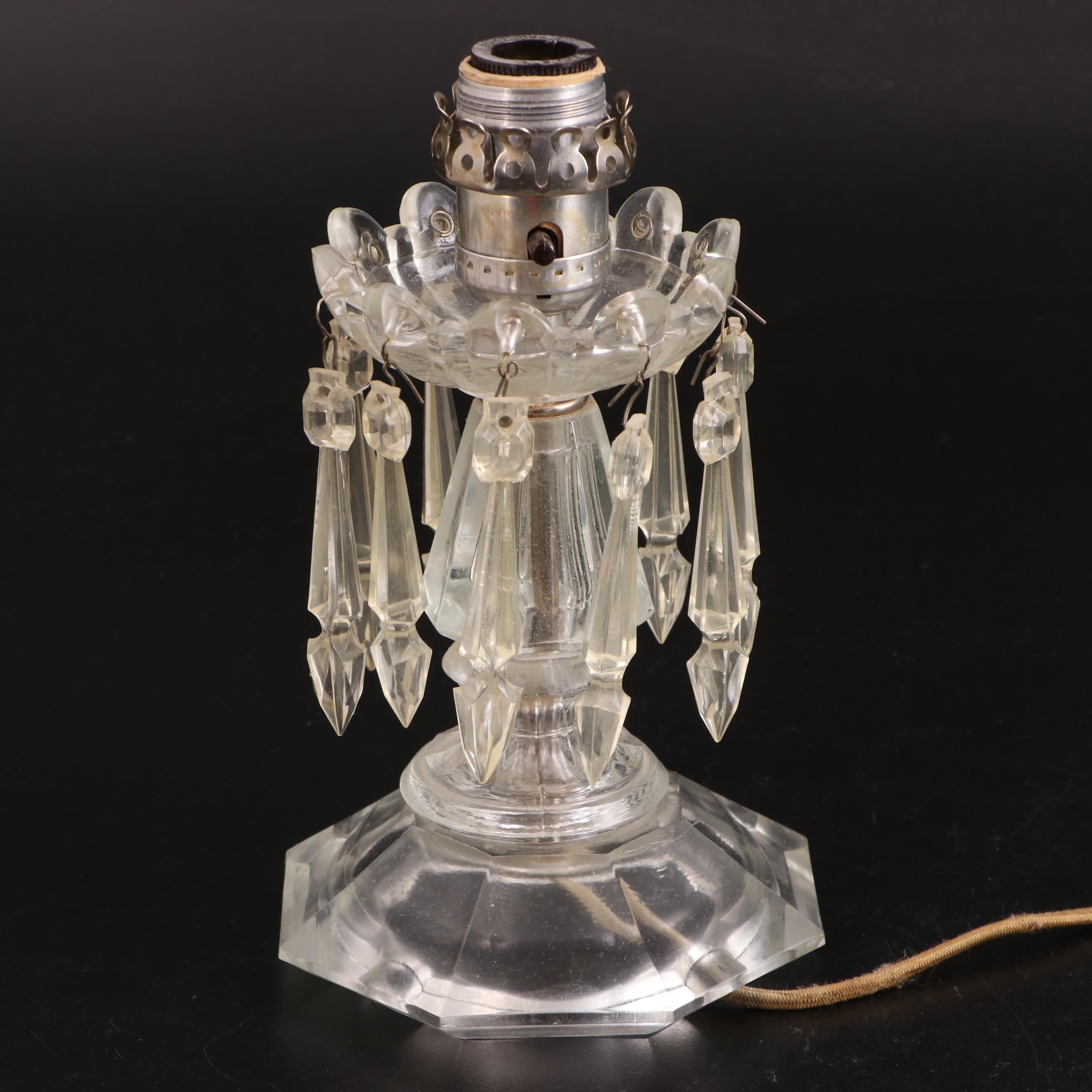 Pair of Etched and Pressed Glass Mantle Lusters, Adapted Late 20th Century