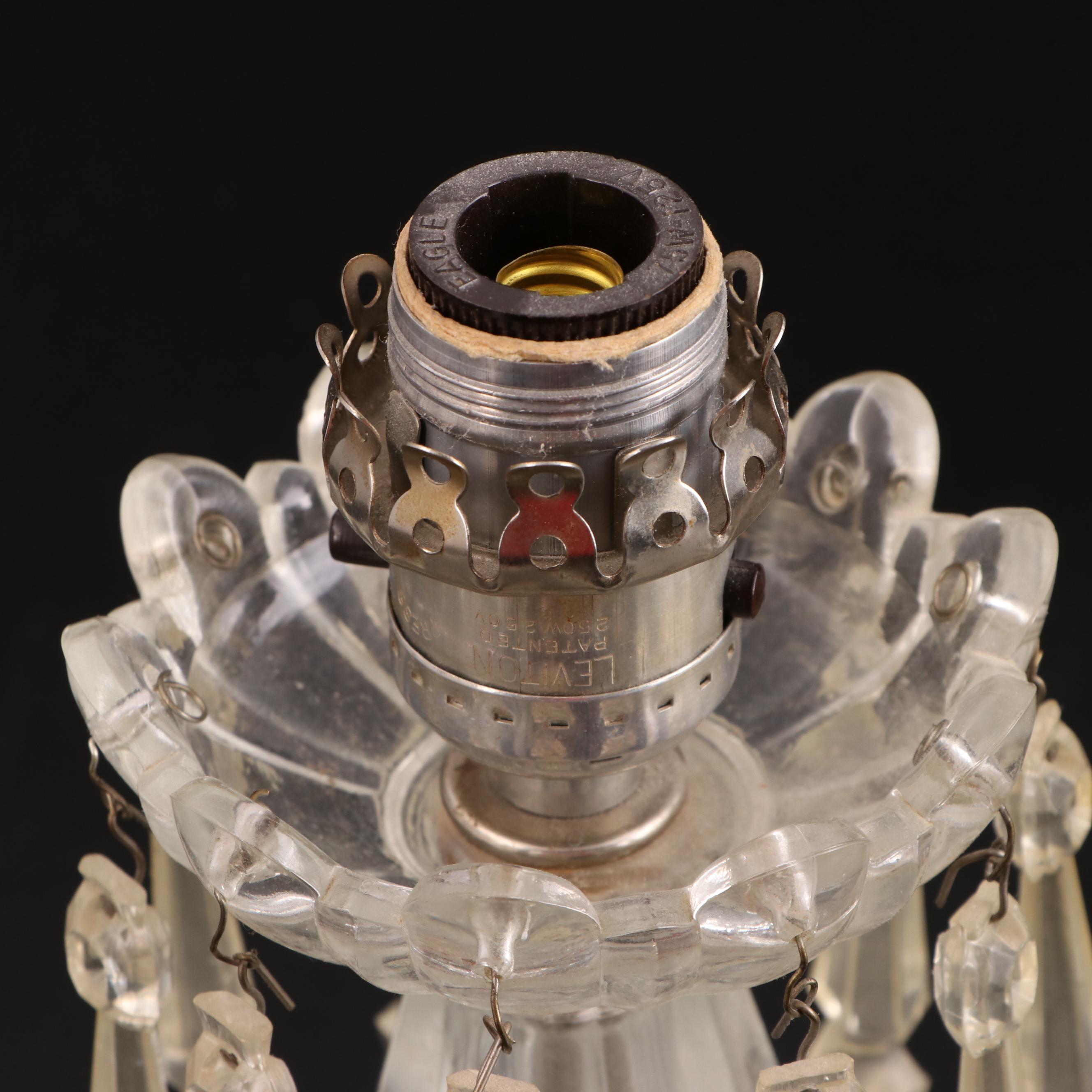 Pair of Etched and Pressed Glass Mantle Lusters, Adapted Late 20th Century