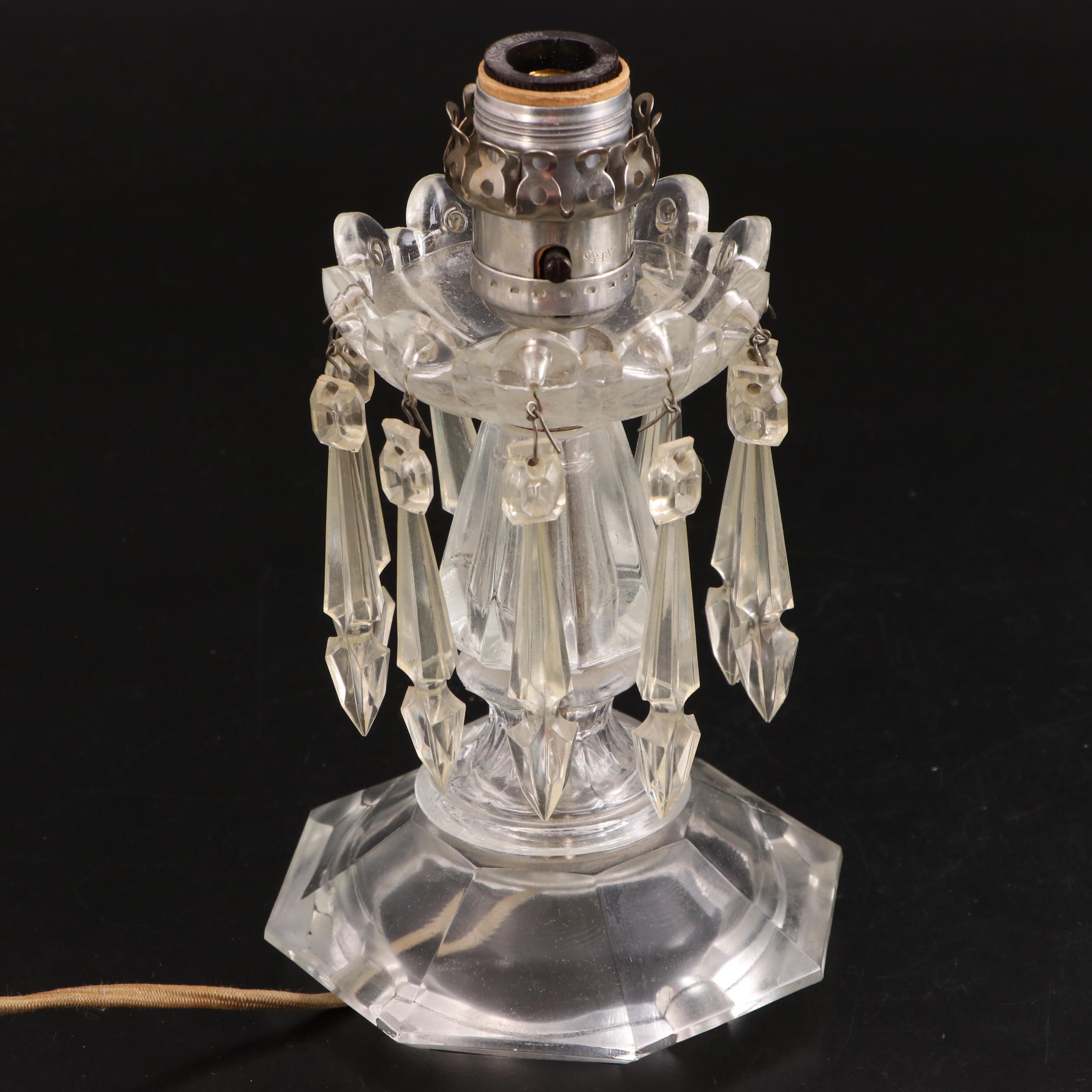 Pair of Etched and Pressed Glass Mantle Lusters, Adapted Late 20th Century