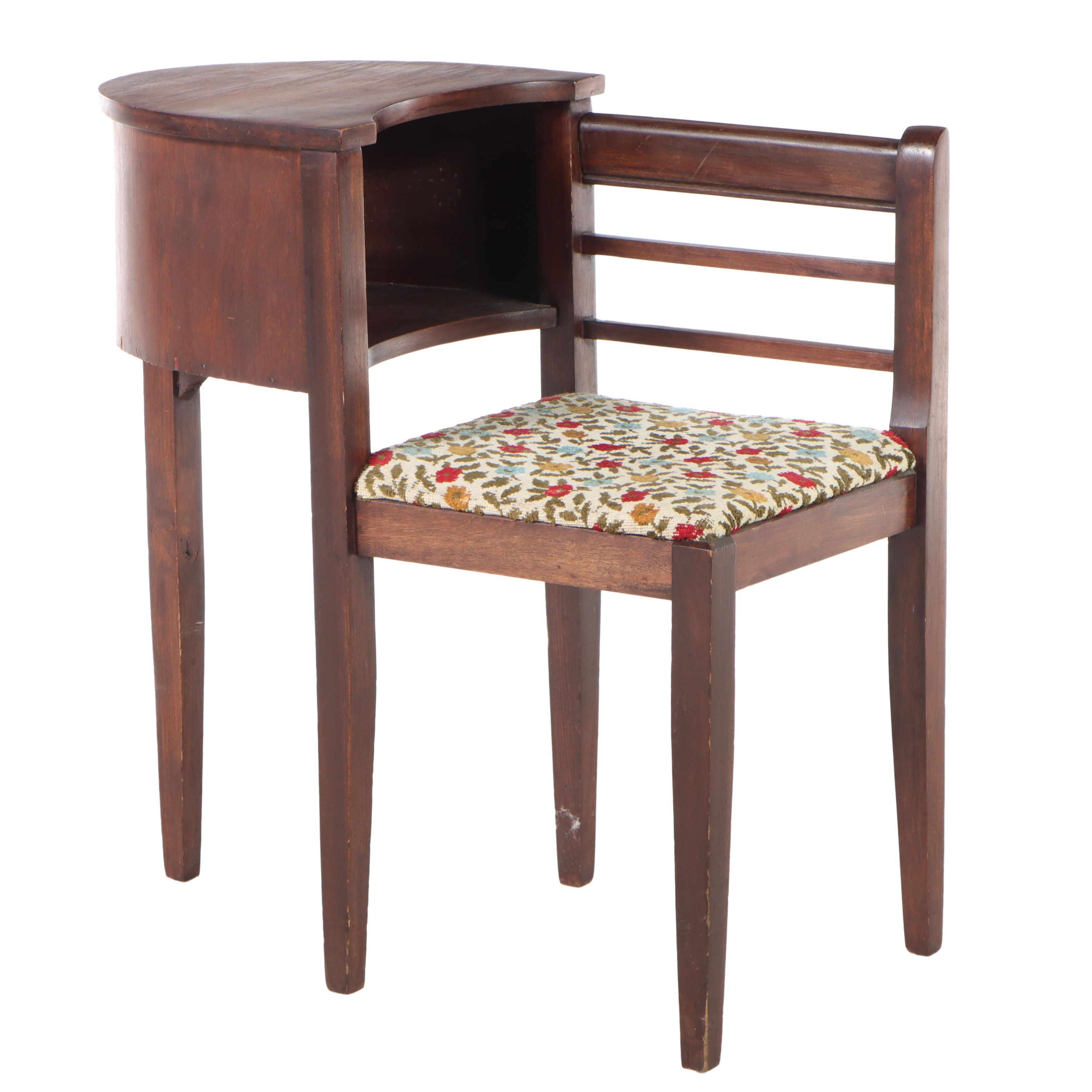 Federal Style Walnut-Stained and Custom-Upholstered Telephone Table with Seat