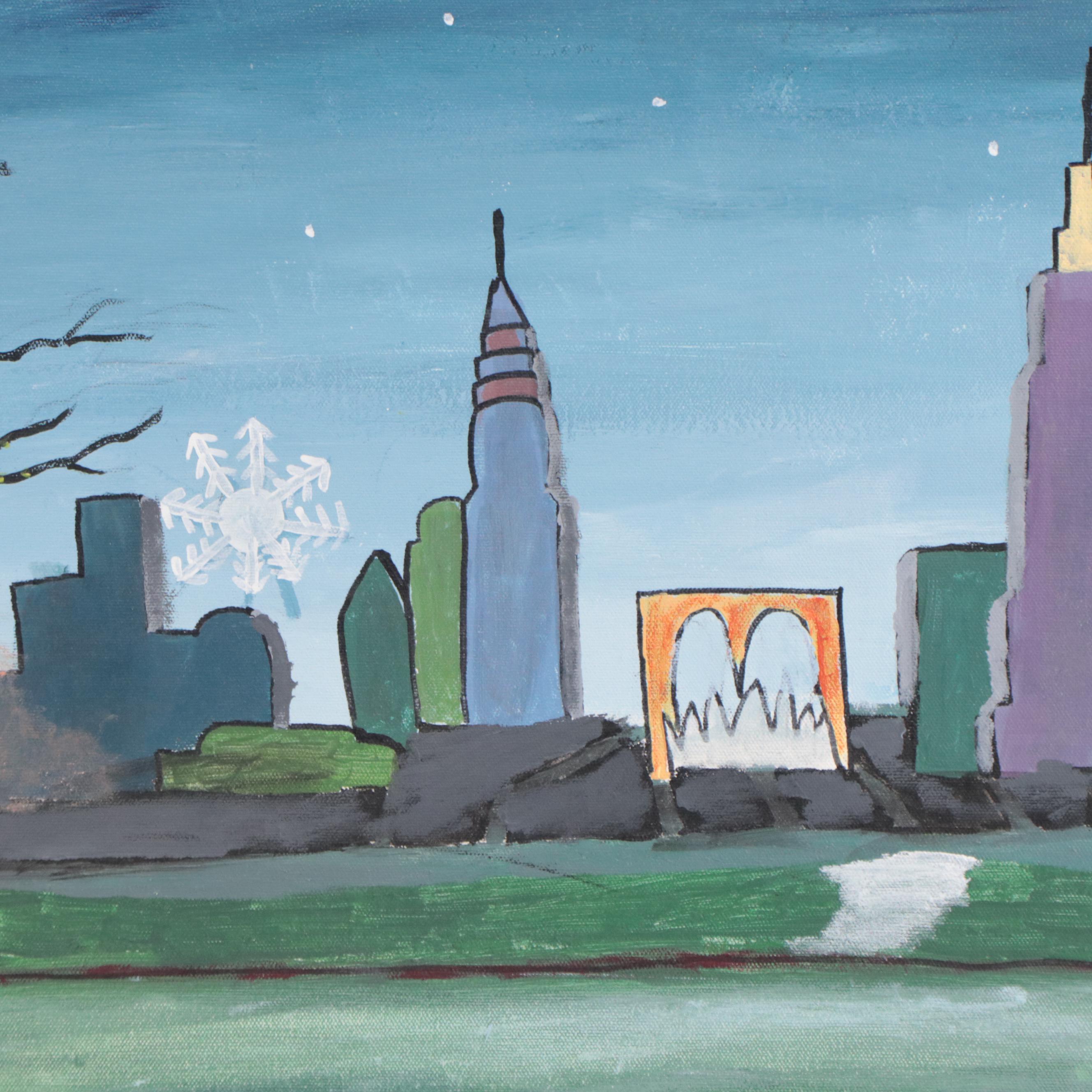 Acrylic Painting of Nighttime City Skyline