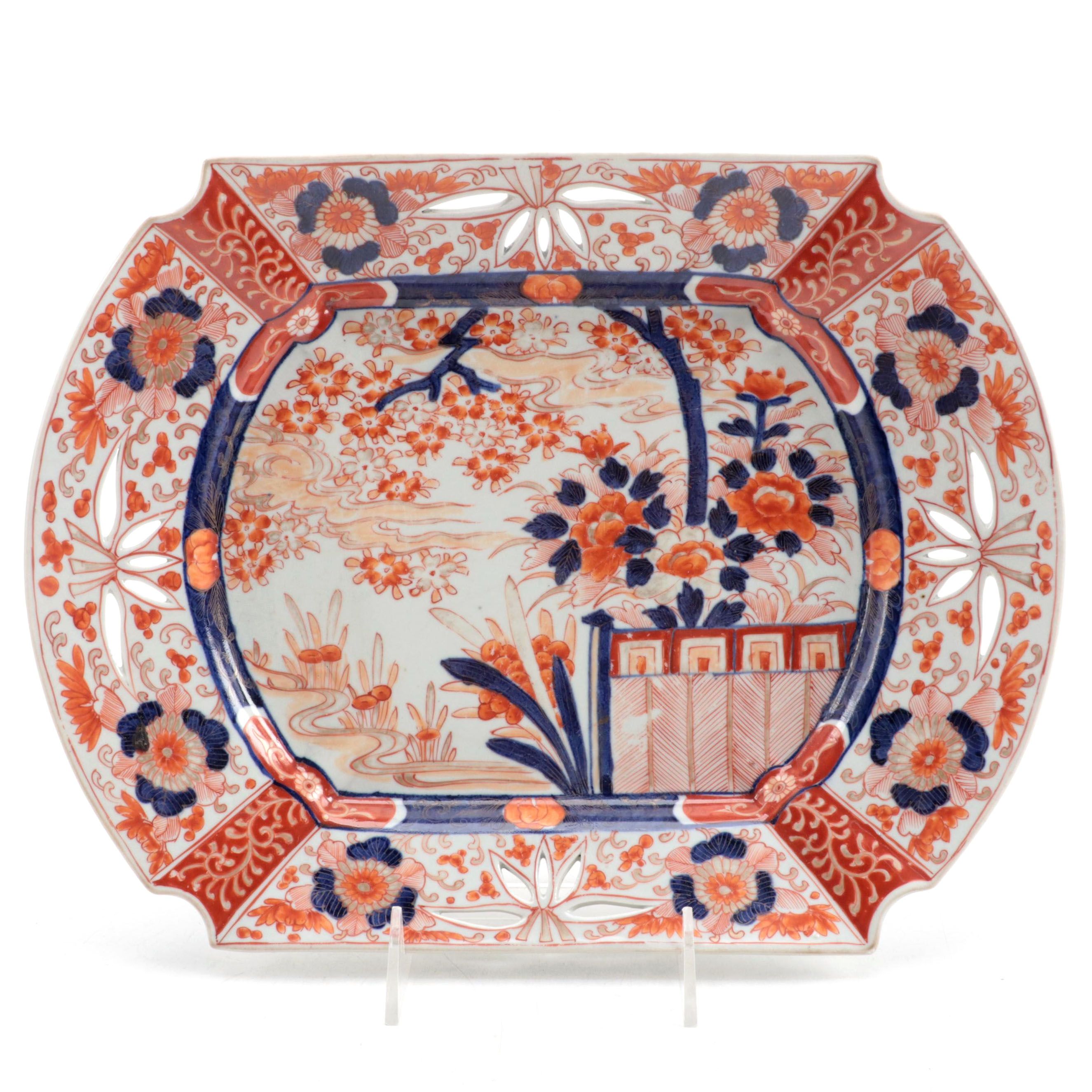Japanese Imari Hand-Painted Porcelain Pierced Rim Platter