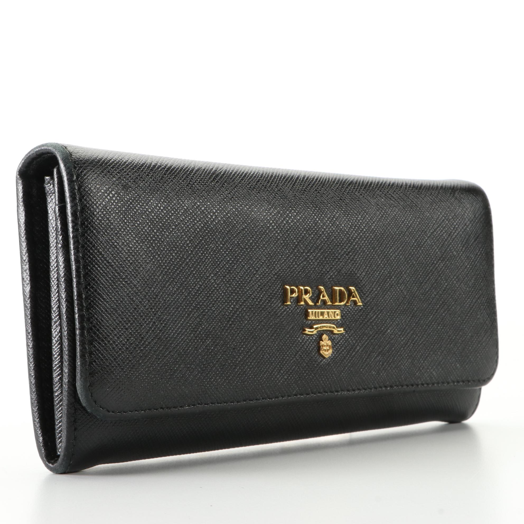Prada Continental Wallet in Black Saffiano Leather w/Box
