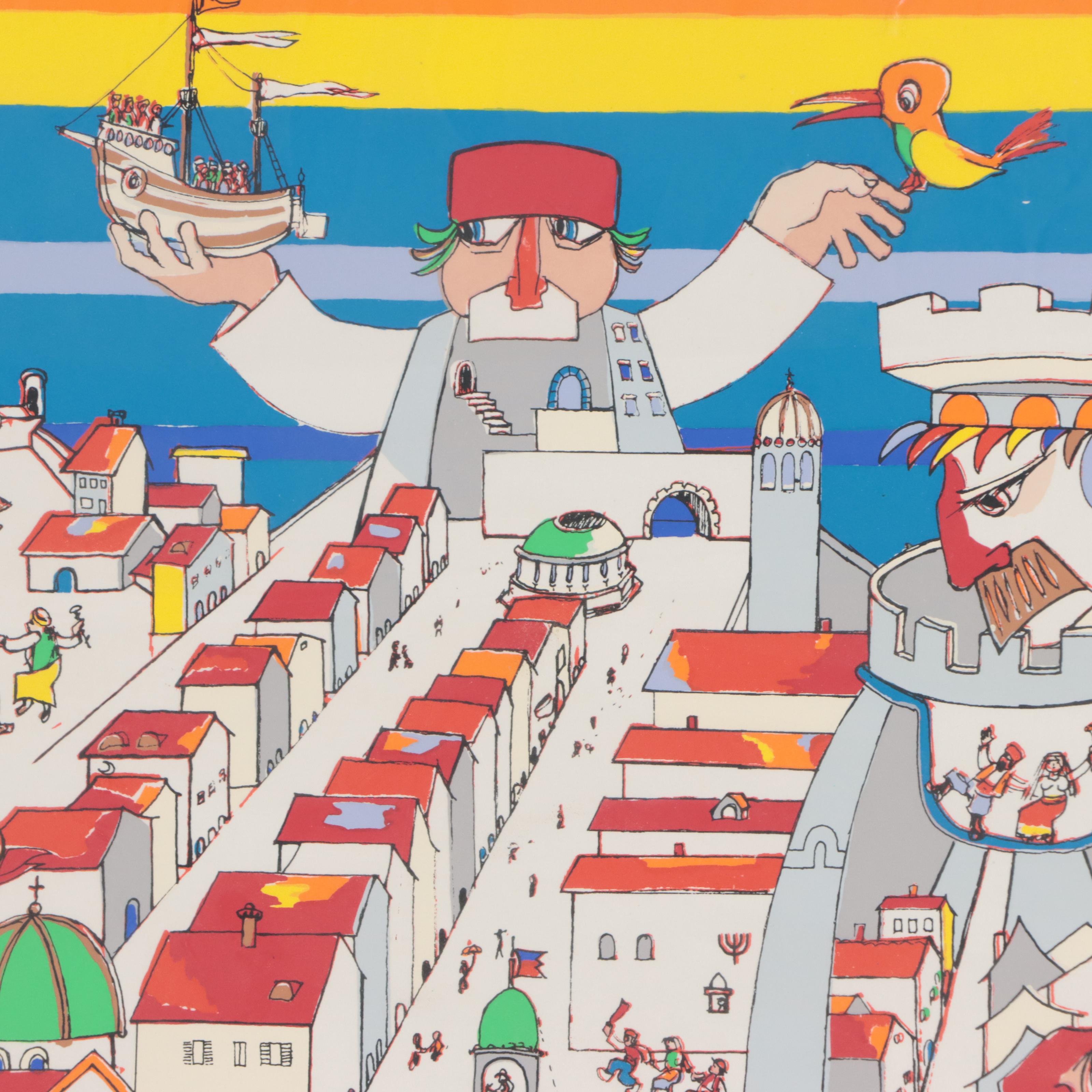 Serigraph After Jovan Obican of a Surreal Townscape, Late 20th Century
