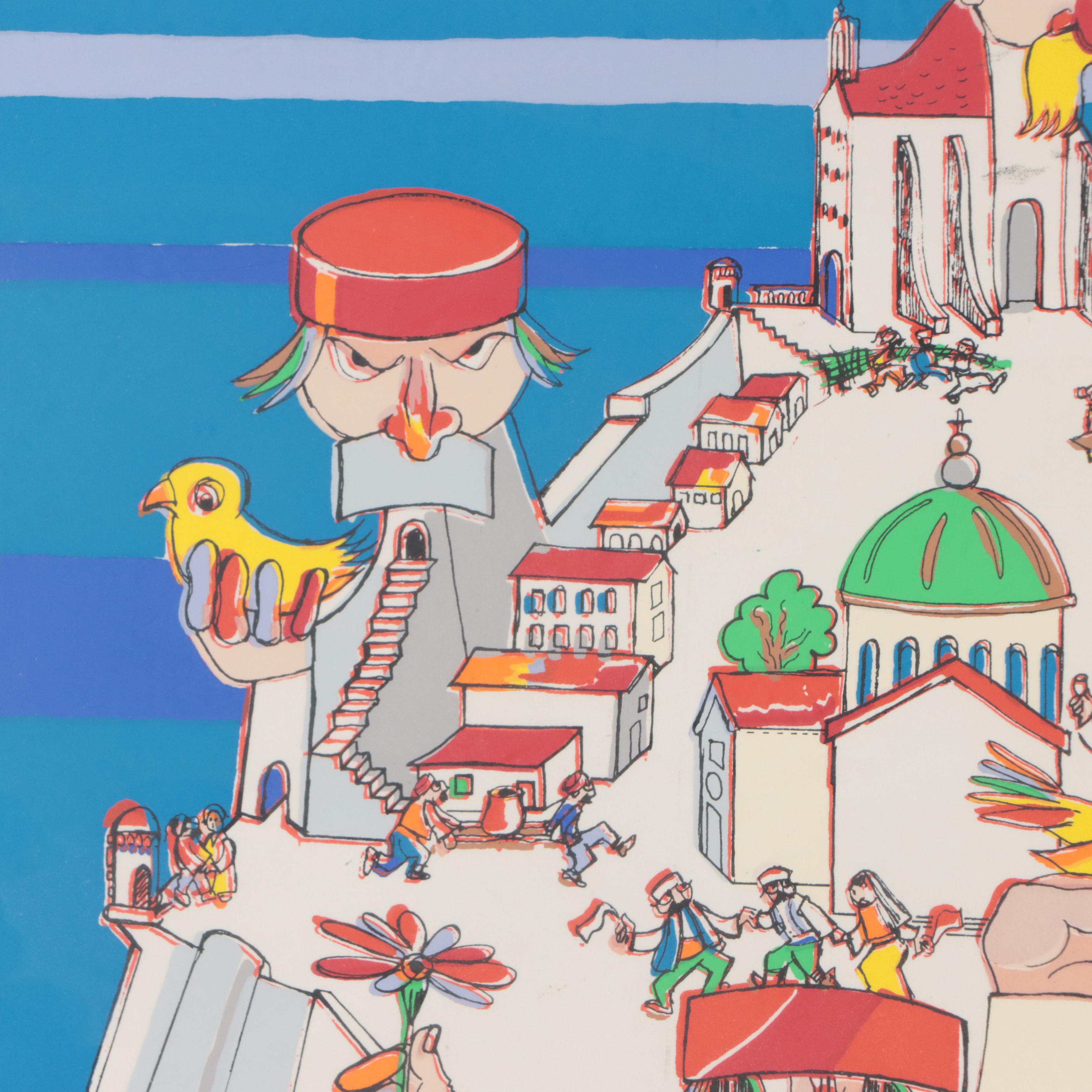 Serigraph After Jovan Obican of a Surreal Townscape, Late 20th Century