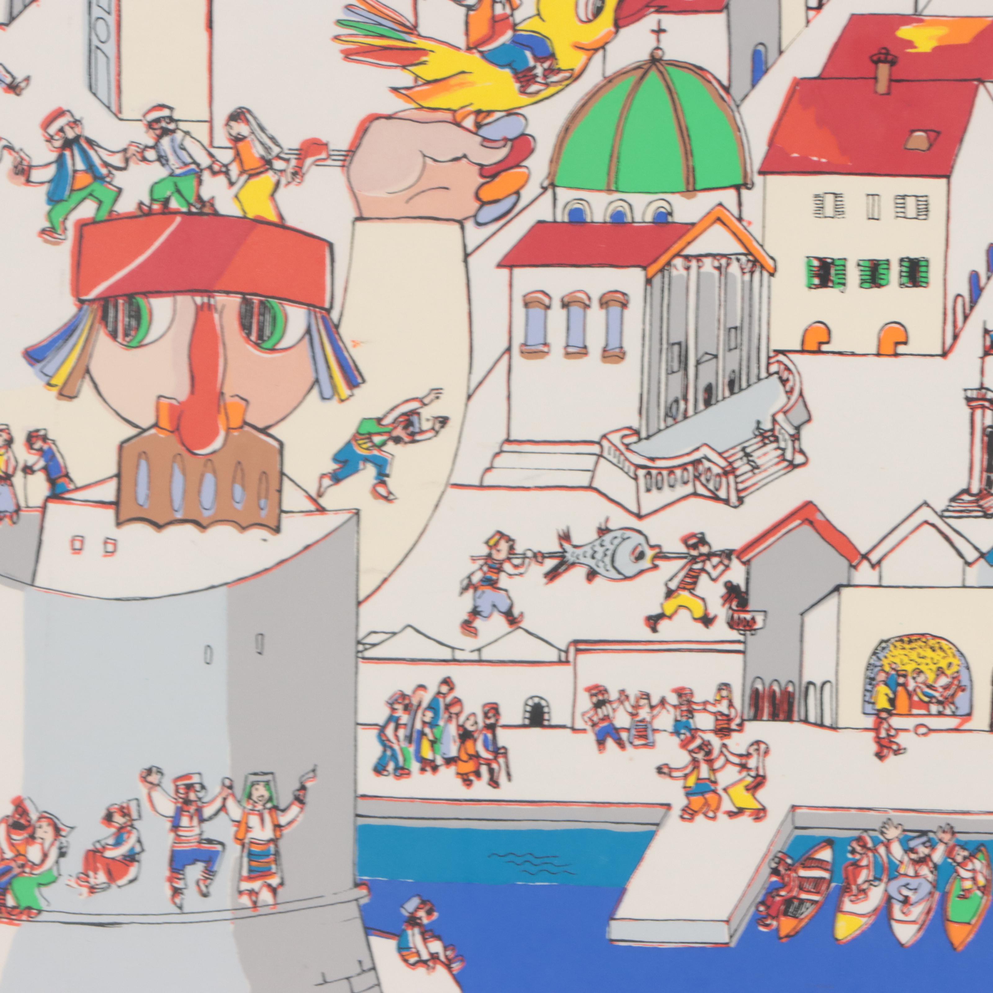 Serigraph After Jovan Obican of a Surreal Townscape, Late 20th Century